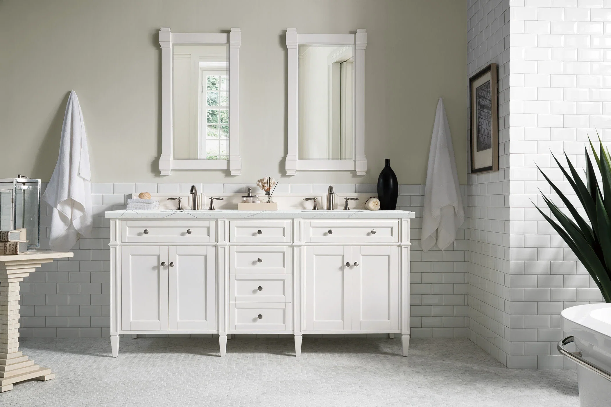 Brittany 72" Double Vanity, Bright White Vanity w/ 3 CM Ethereal Noctis Silestone Top w/FreePower Wireless Charger