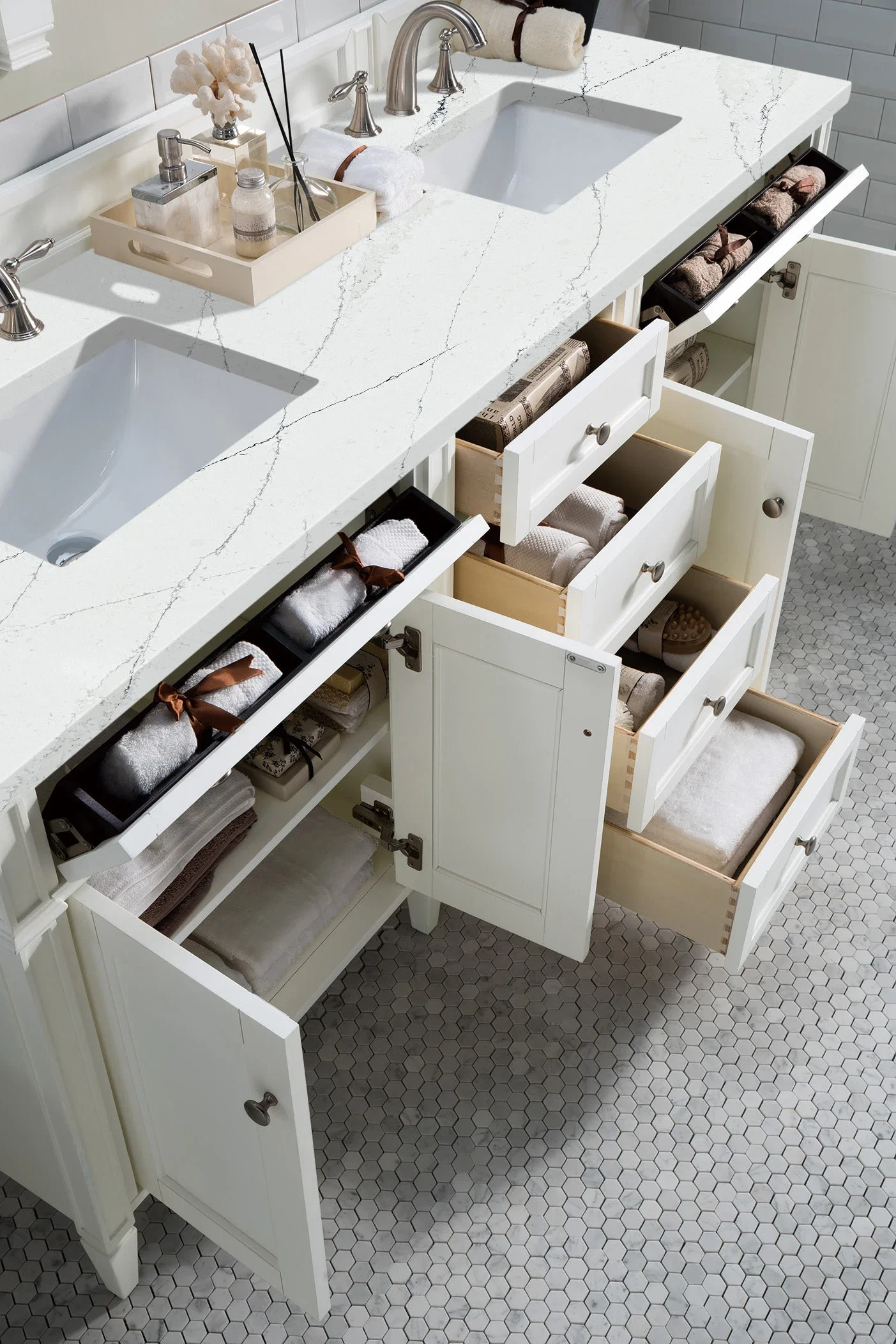 Brittany 72" Double Vanity, Bright White Vanity w/ 3 CM Ethereal Noctis Silestone Top w/FreePower Wireless Charger