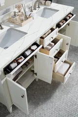 Brittany 72" Double Vanity, Bright White Vanity w/ 3 CM Ethereal Noctis Silestone Top w/FreePower Wireless Charger