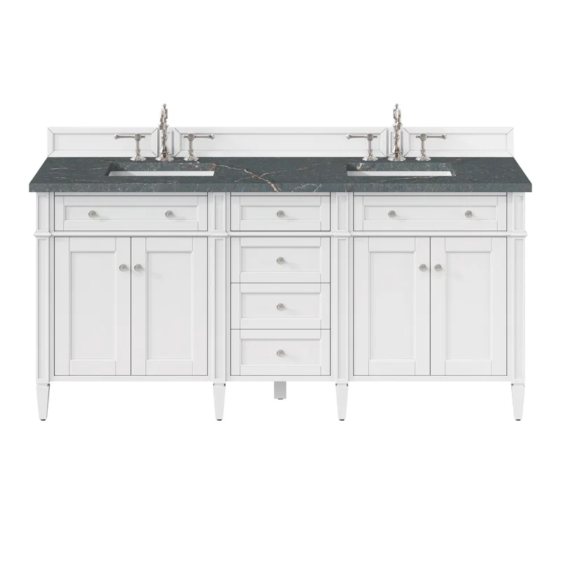 Brittany 72" Double Vanity, Bright White Vanity w/ 3 CM Parisien Bleu Silestone Top w/FreePower Wireless Charger