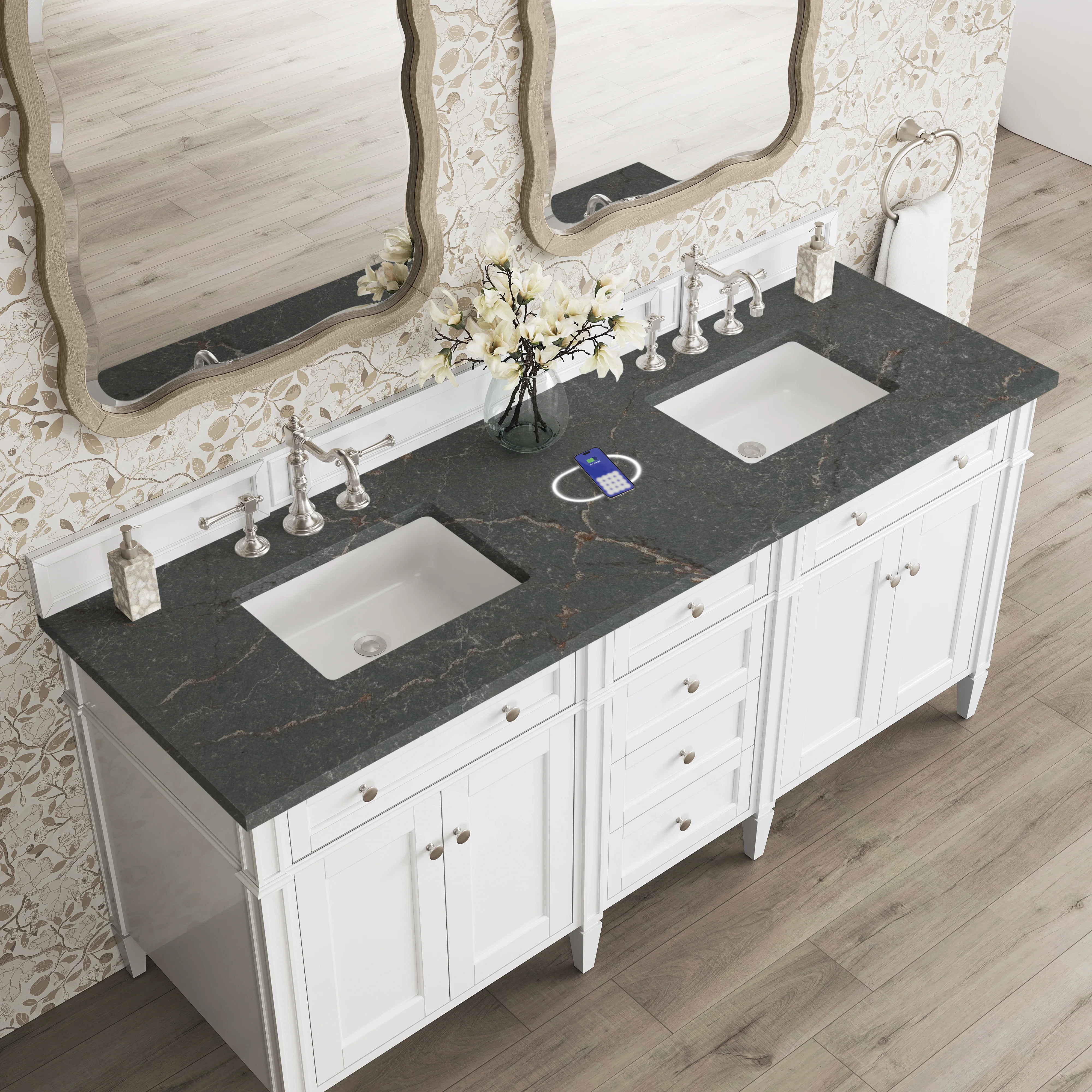 Brittany 72" Double Vanity, Bright White Vanity w/ 3 CM Parisien Bleu Silestone Top w/FreePower Wireless Charger