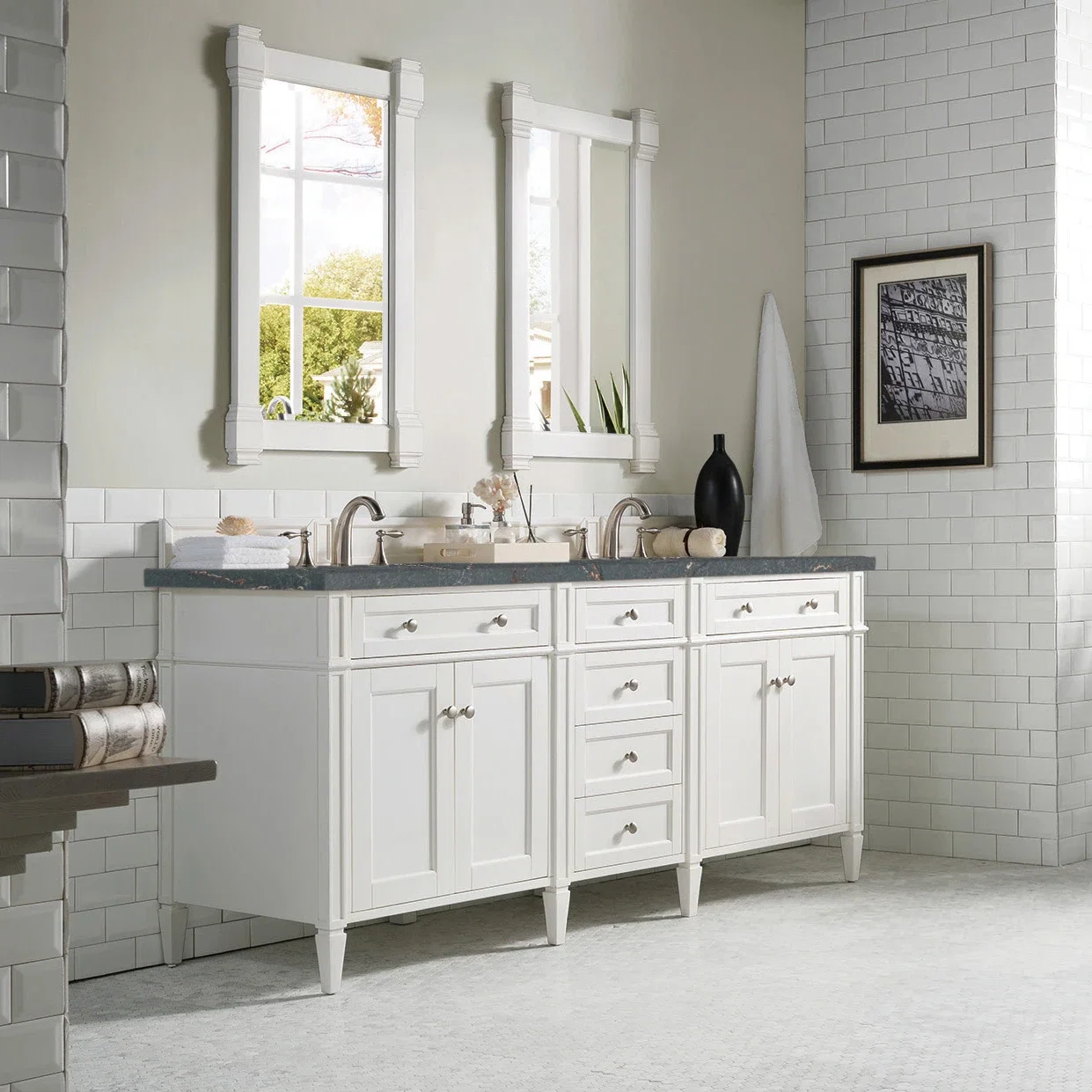 Brittany 72" Double Vanity, Bright White Vanity w/ 3 CM Parisien Bleu Silestone Top w/FreePower Wireless Charger