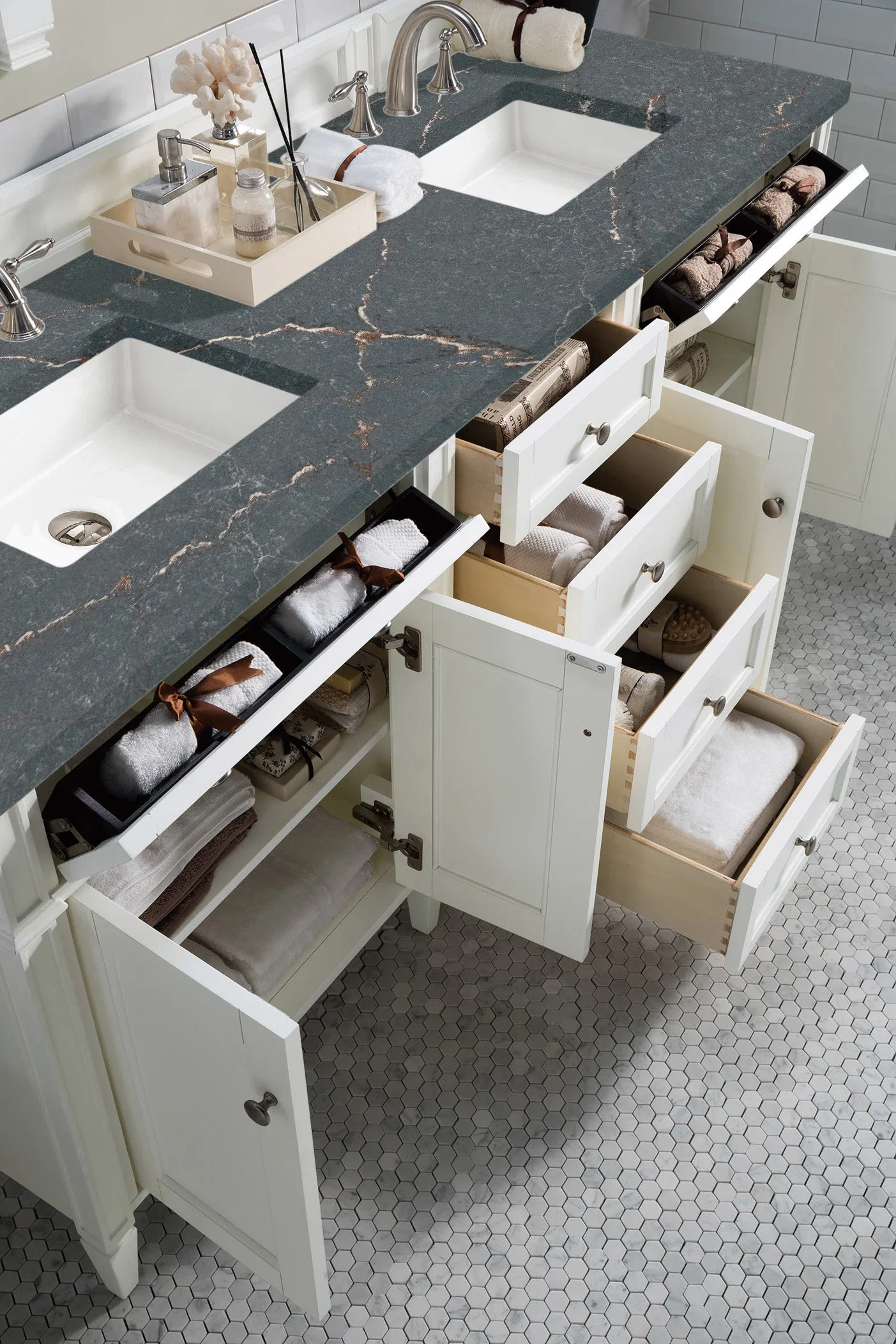Brittany 72" Double Vanity, Bright White Vanity w/ 3 CM Parisien Bleu Silestone Top w/FreePower Wireless Charger