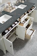 Brittany 72" Double Vanity, Bright White Vanity w/ 3 CM Parisien Bleu Silestone Top w/FreePower Wireless Charger