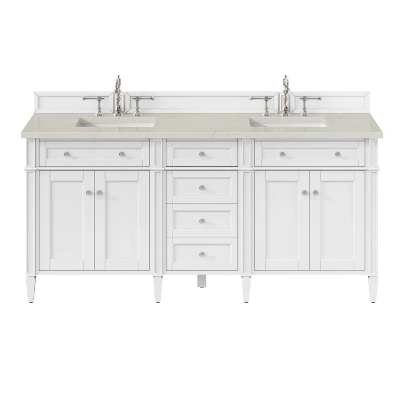 Brittany 72" Double Vanity in Bright White, w/ 3 CM Siberian Silestone Top w/FreePower Wireless Charger