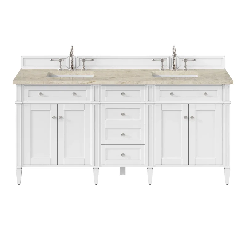 Brittany 72" Double Vanity in Bright White, w/ 3 CM Tajnar Eclos Top w/FreePower Wireless Charger