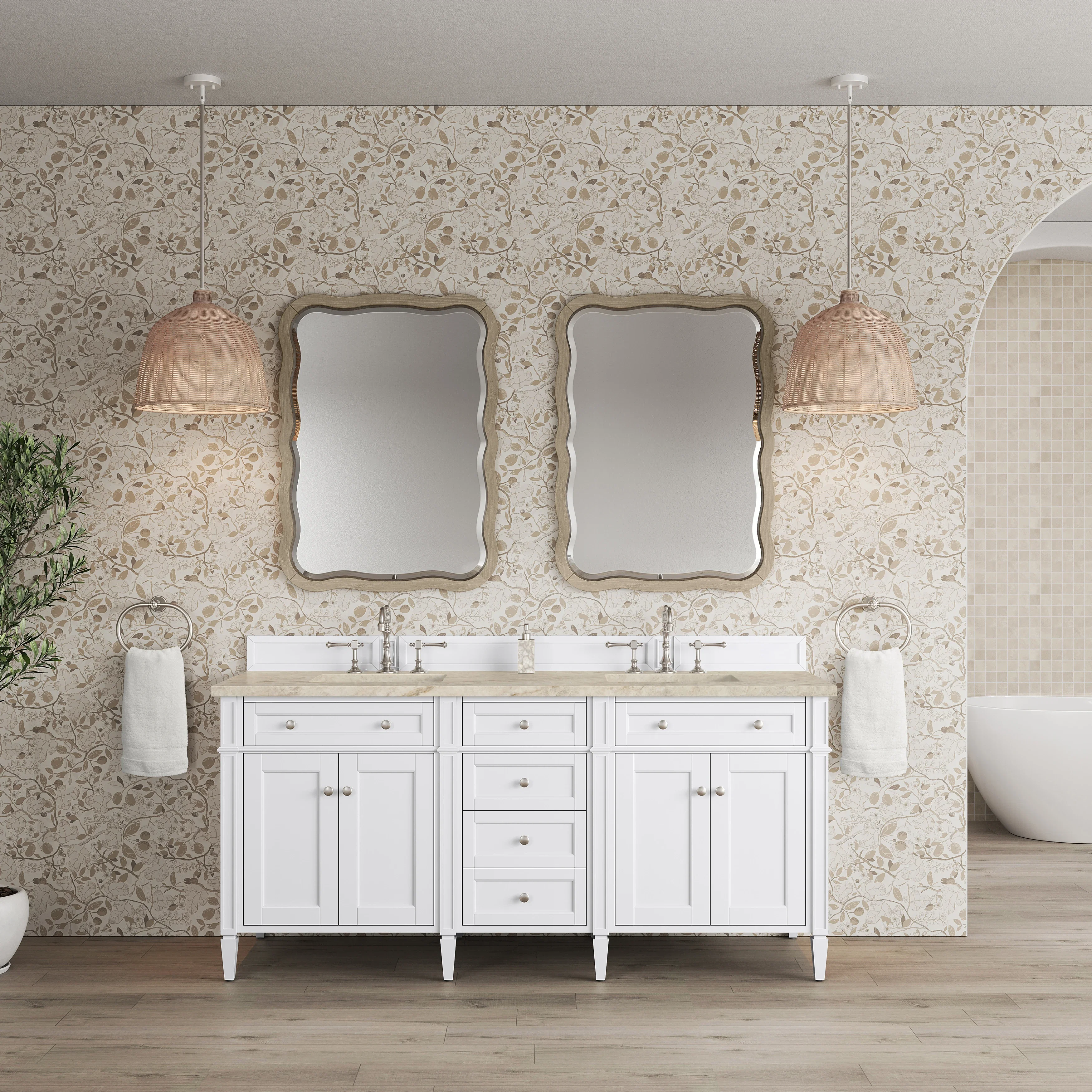Brittany 72" Double Vanity in Bright White, w/ 3 CM Tajnar Eclos Top w/FreePower Wireless Charger