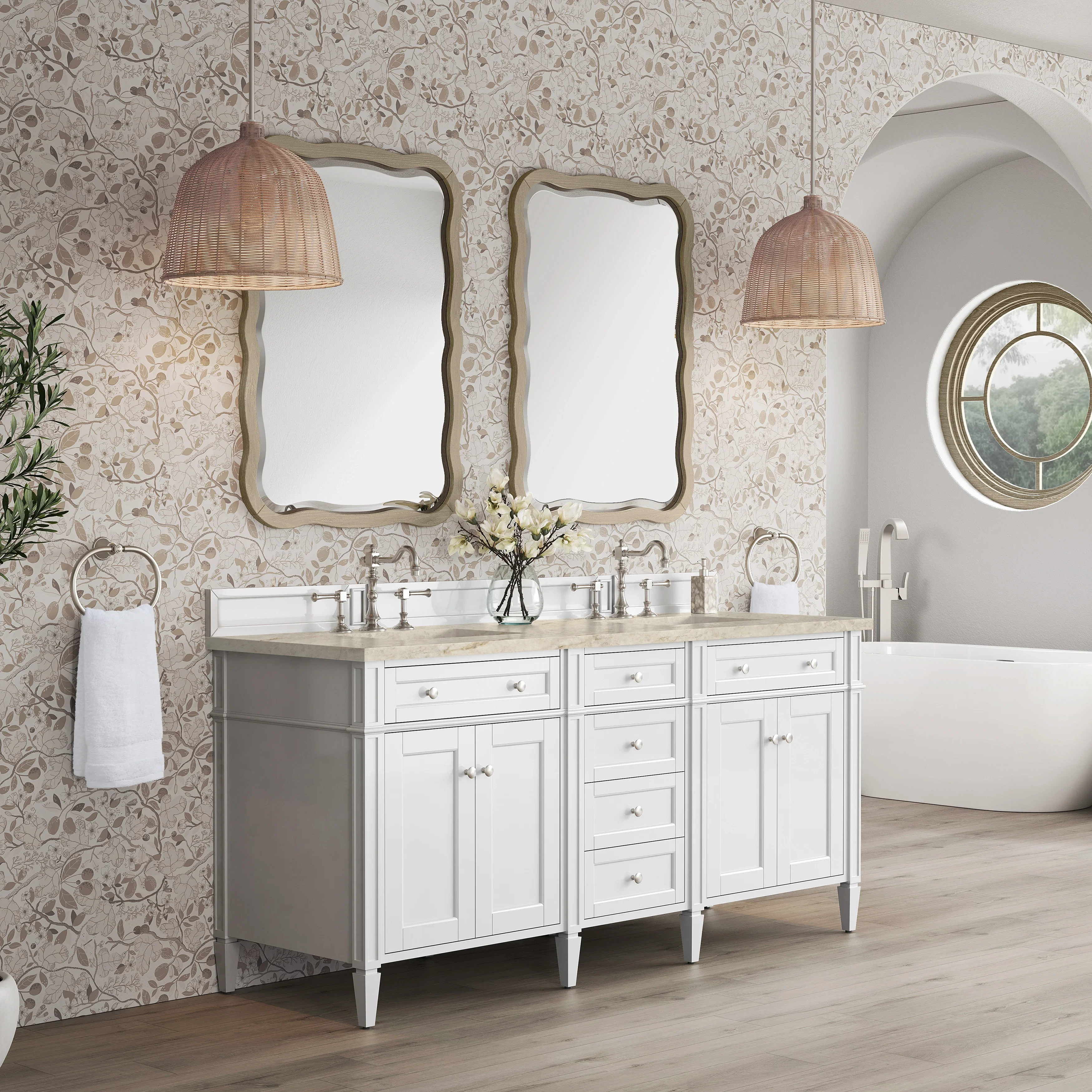 Brittany 72" Double Vanity in Bright White, w/ 3 CM Tajnar Eclos Top w/FreePower Wireless Charger