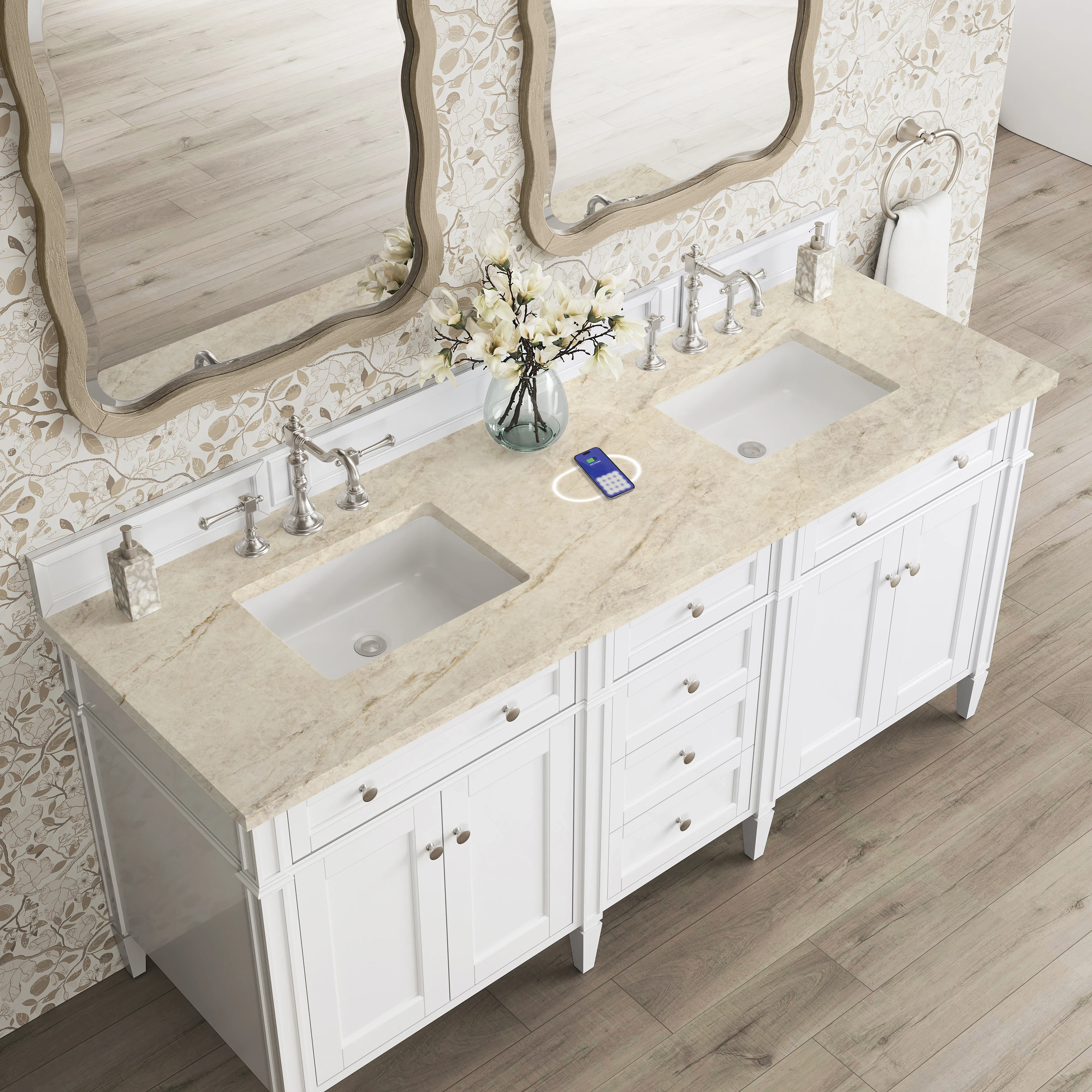 Brittany 72" Double Vanity in Bright White, w/ 3 CM Tajnar Eclos Top w/FreePower Wireless Charger