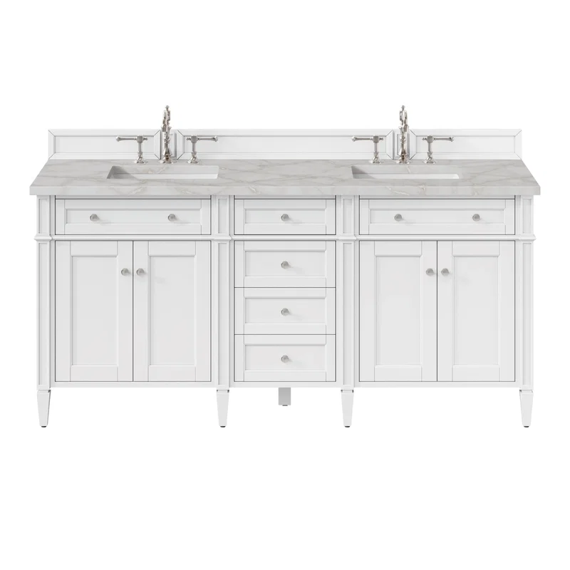 Brittany 72" Double Vanity, Bright White Vanity w/ 3 CM Victorian Silver Silestone Top w/FreePower Wireless Charger