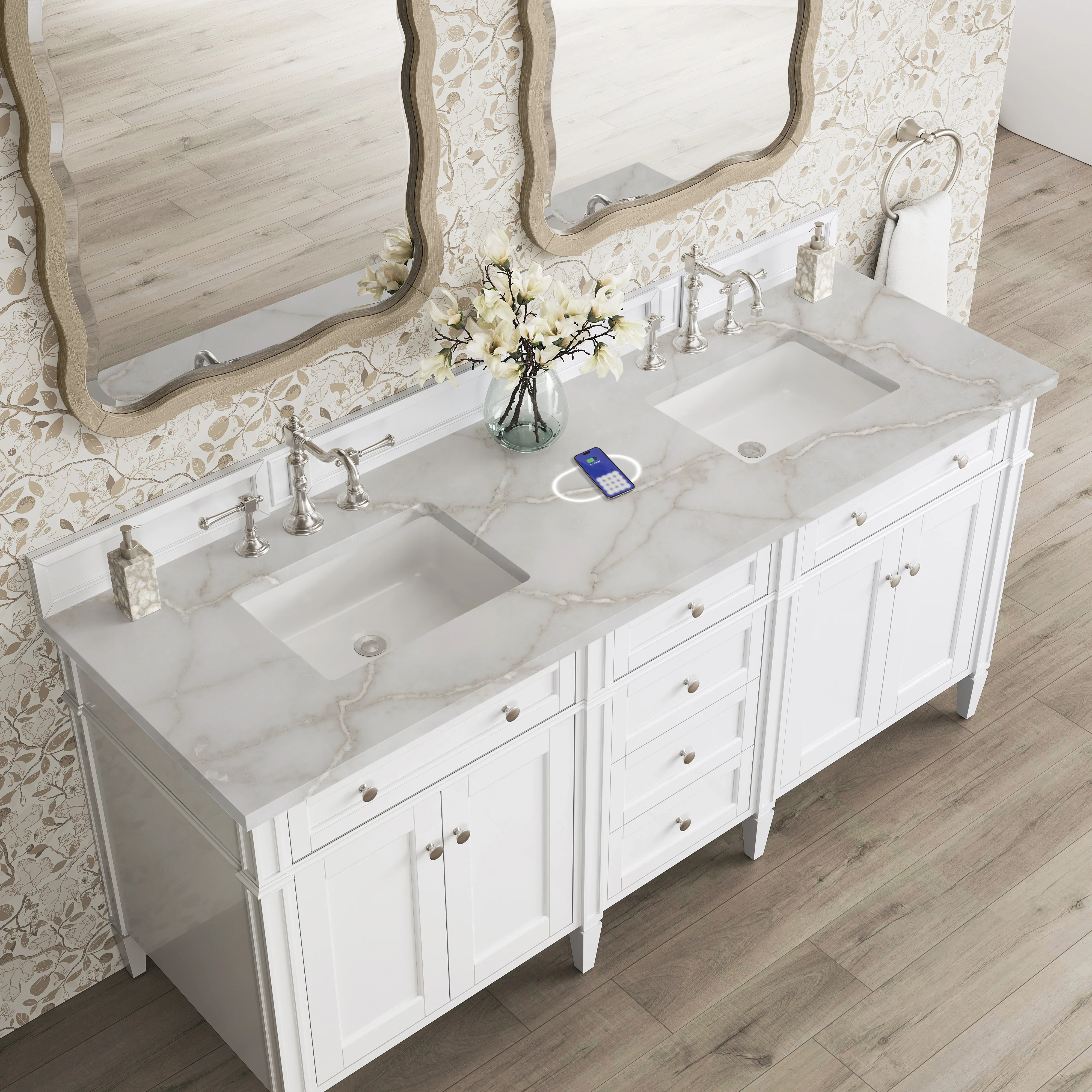 Brittany 72" Double Vanity, Bright White Vanity w/ 3 CM Victorian Silver Silestone Top w/FreePower Wireless Charger