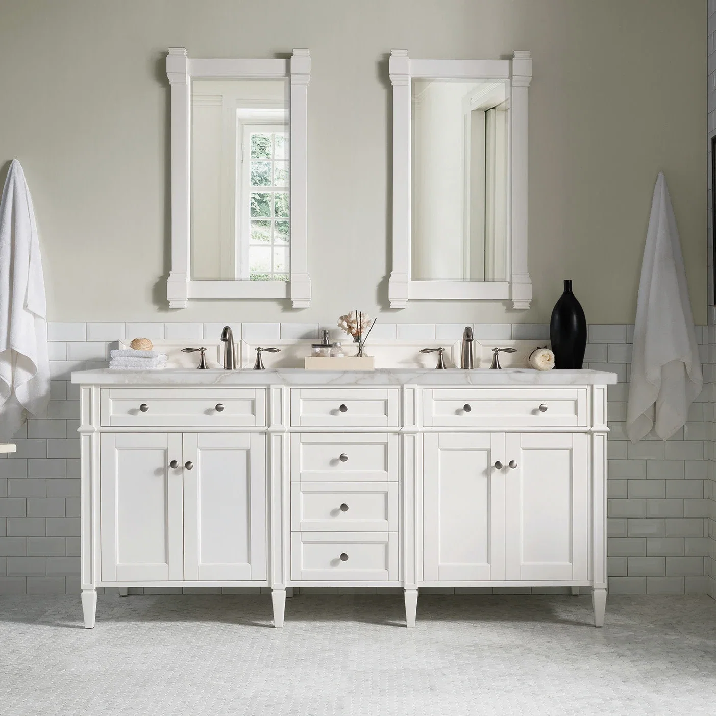Brittany 72" Double Vanity, Bright White Vanity w/ 3 CM Victorian Silver Silestone Top w/FreePower Wireless Charger