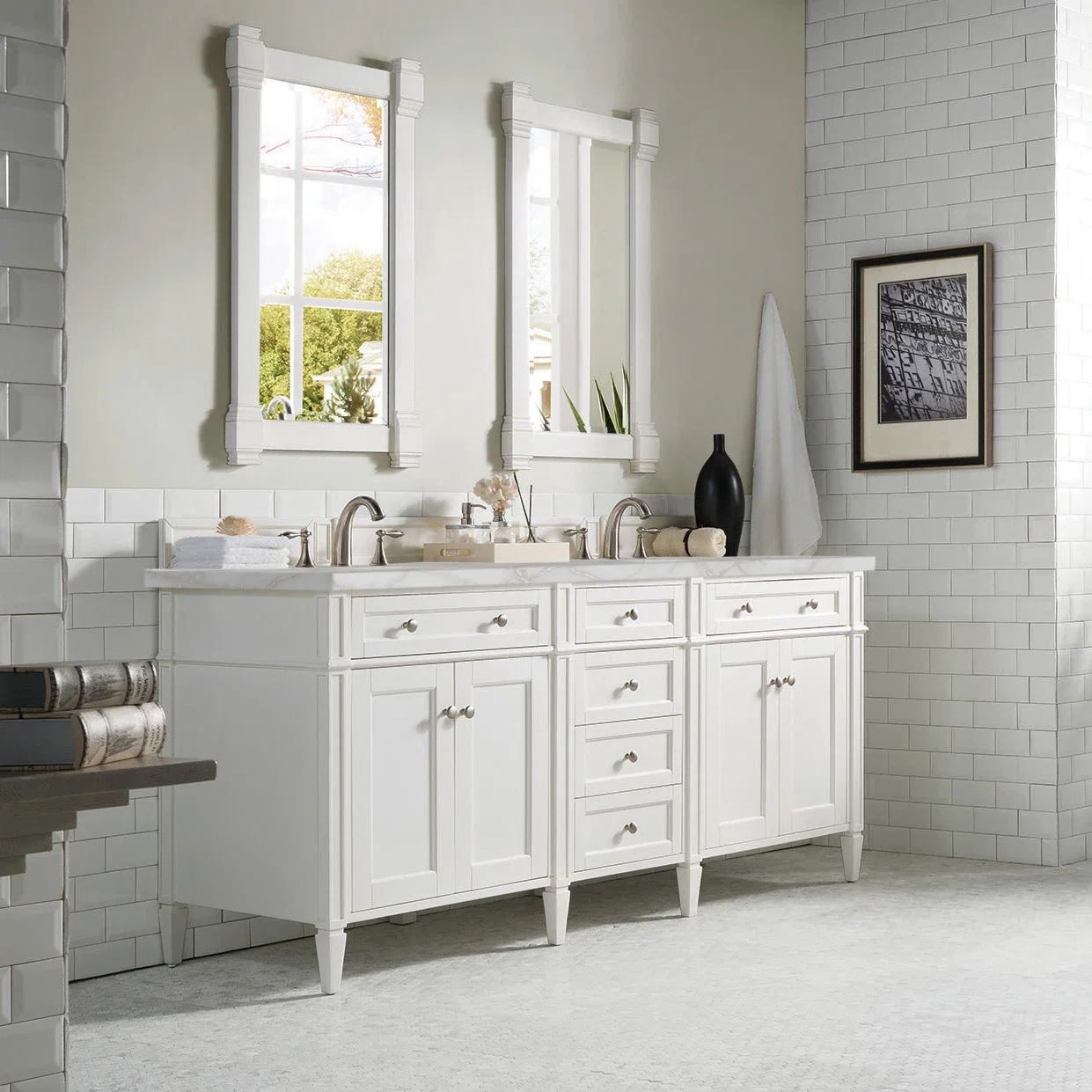 Brittany 72" Double Vanity, Bright White Vanity w/ 3 CM Victorian Silver Silestone Top w/FreePower Wireless Charger