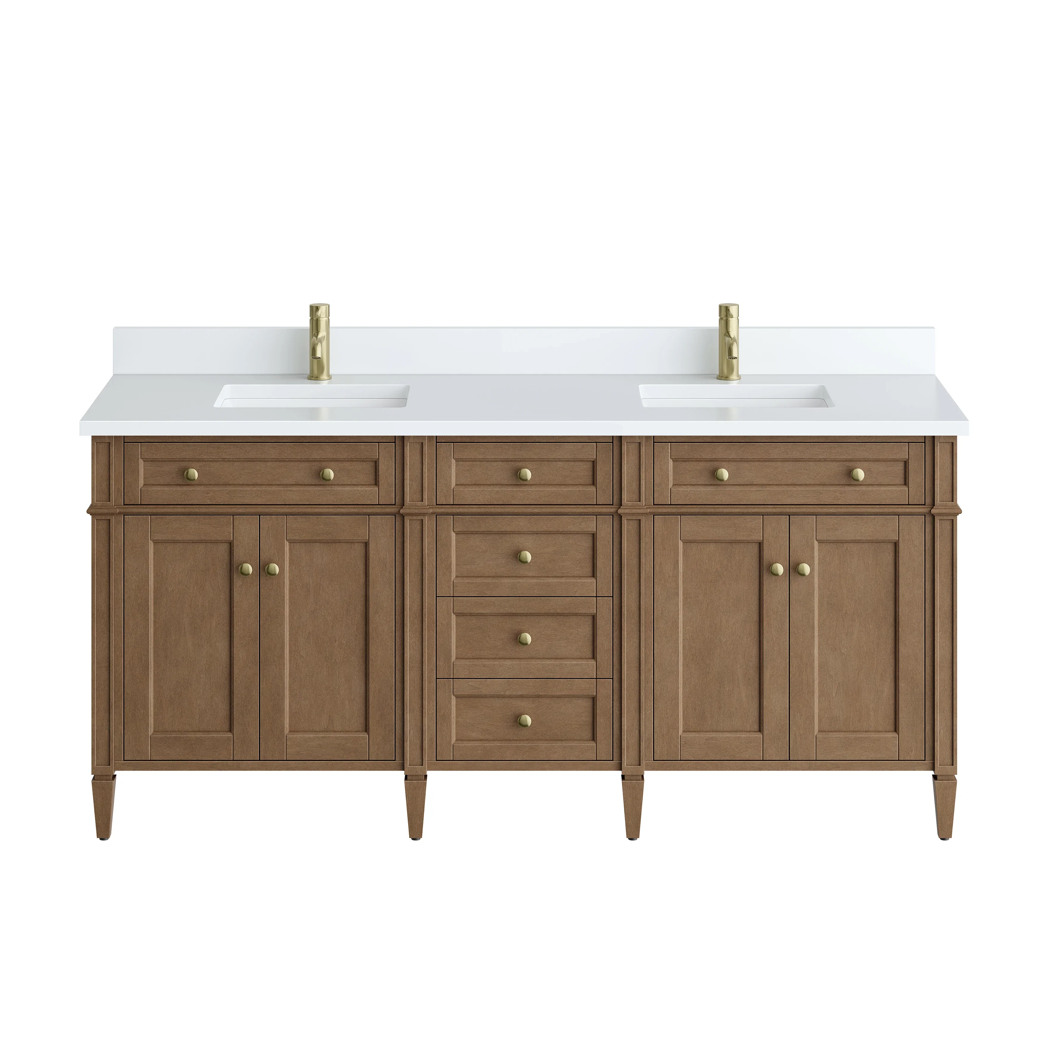 Brittany 72" Double Vanity, Pecan w/ Single Hole 3 CM White Zeus Silestone Top and Matching Backsplash