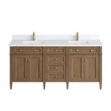 Brittany 72" Double Vanity, Pecan w/ Single Hole 3 CM White Zeus Silestone Top and Matching Backsplash