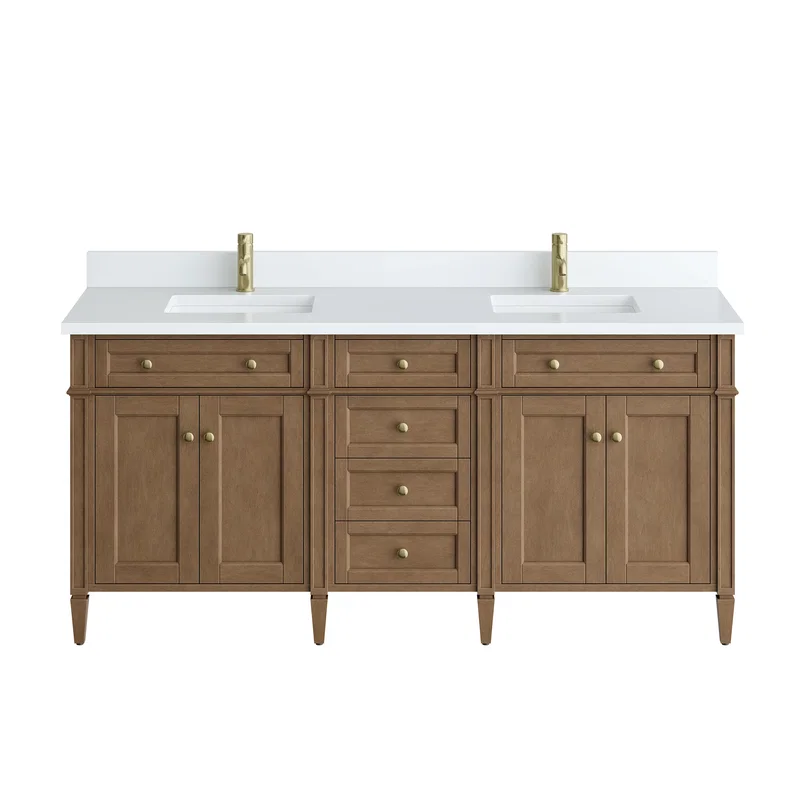 Brittany 72" Double Vanity, Pecan w/ Single Hole 3 CM White Zeus Silestone Top and Matching Backsplash