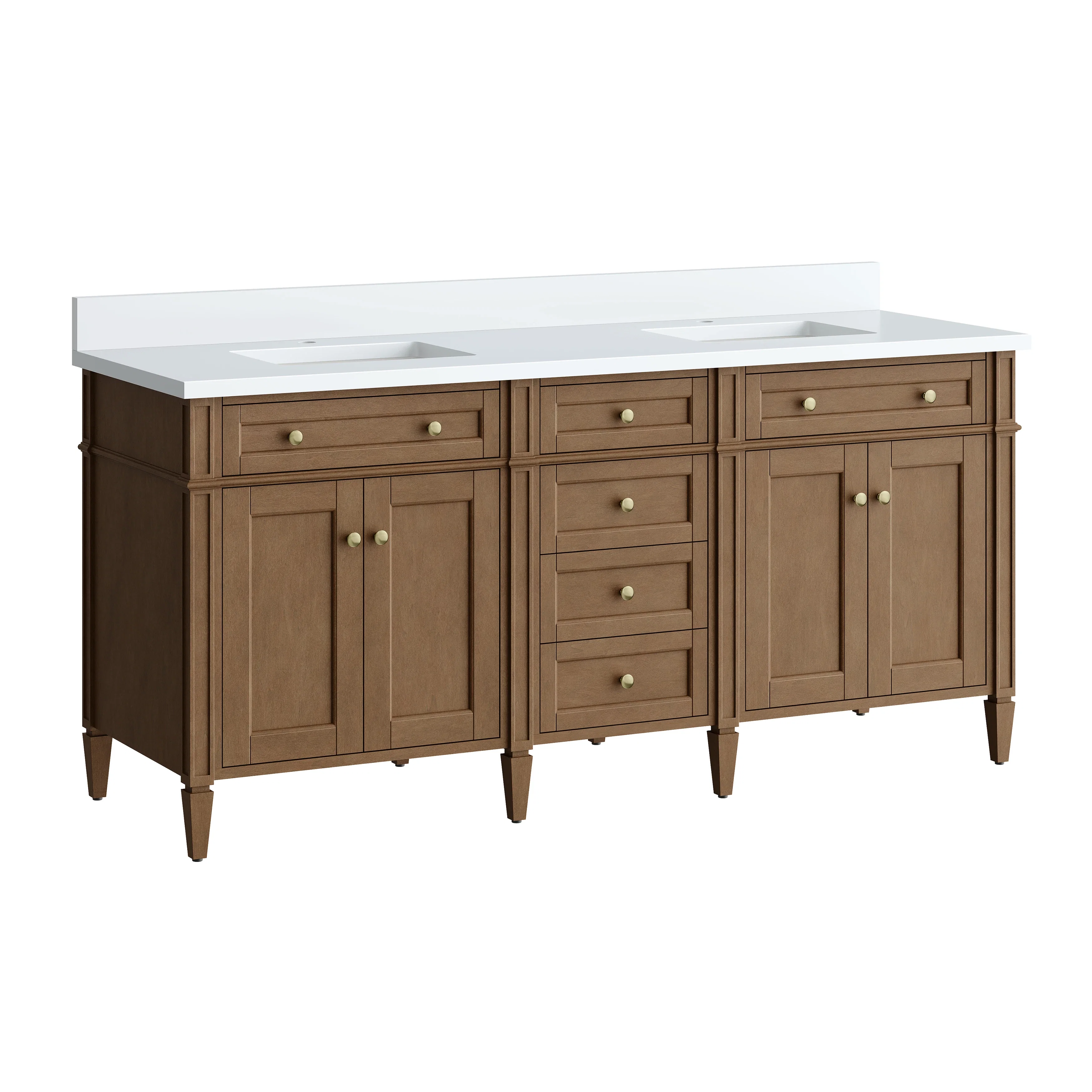 Brittany 72" Double Vanity, Pecan w/ Single Hole 3 CM White Zeus Silestone Top and Matching Backsplash