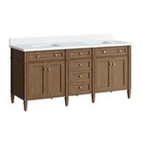 Brittany 72" Double Vanity, Pecan w/ Single Hole 3 CM White Zeus Silestone Top and Matching Backsplash