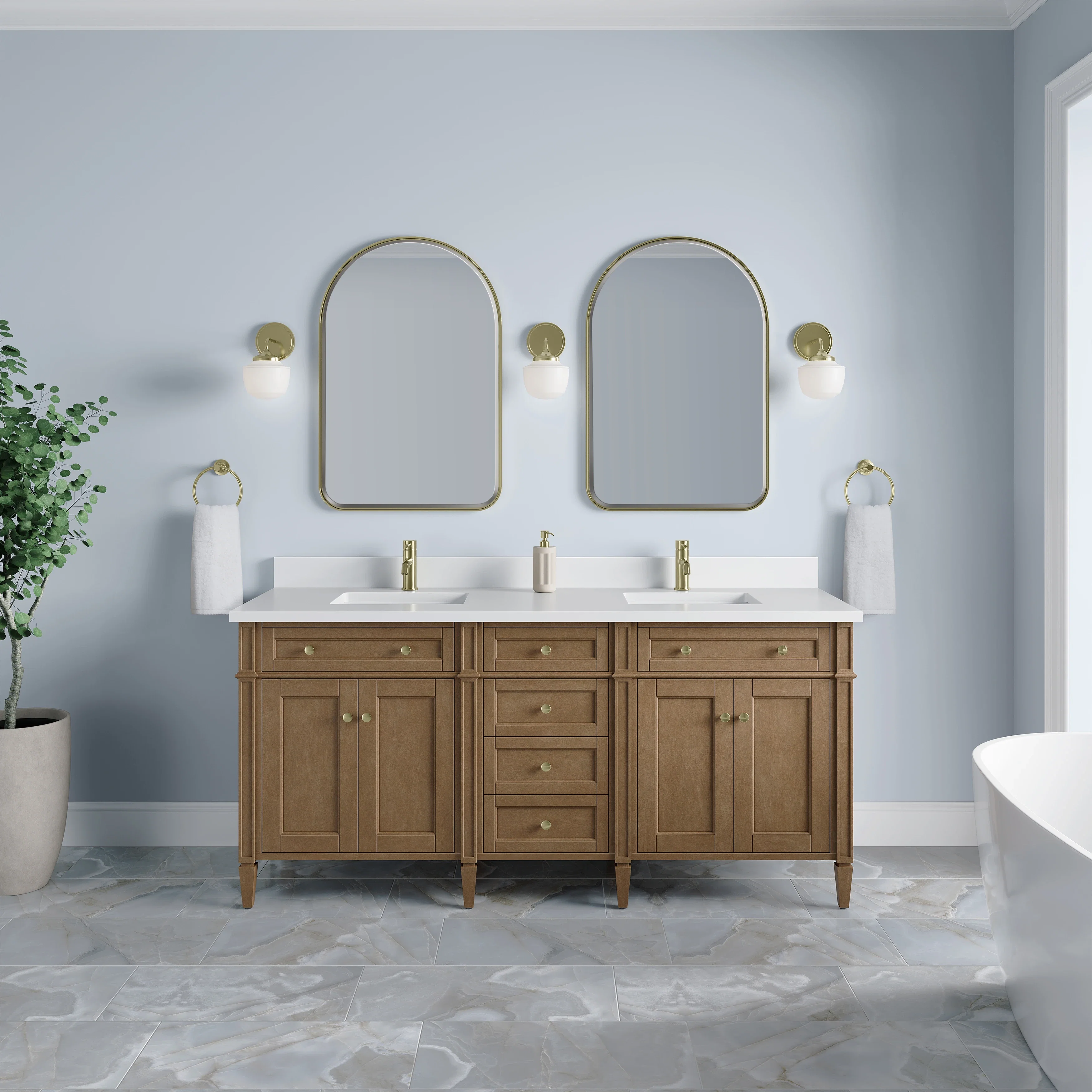 Brittany 72" Double Vanity, Pecan w/ Single Hole 3 CM White Zeus Silestone Top and Matching Backsplash