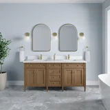 Brittany 72" Double Vanity, Pecan w/ Single Hole 3 CM White Zeus Silestone Top and Matching Backsplash