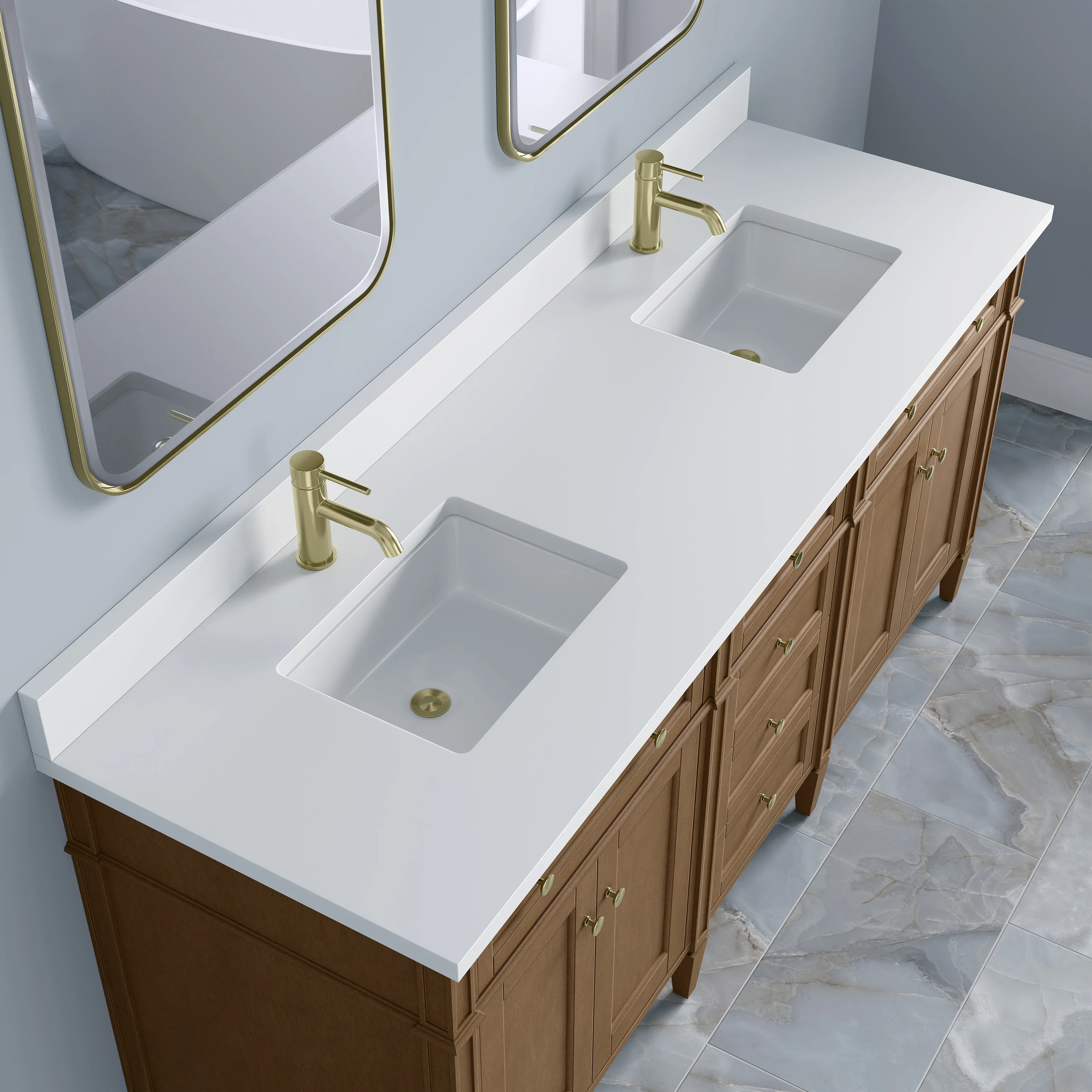 Brittany 72" Double Vanity, Pecan w/ Single Hole 3 CM White Zeus Silestone Top and Matching Backsplash