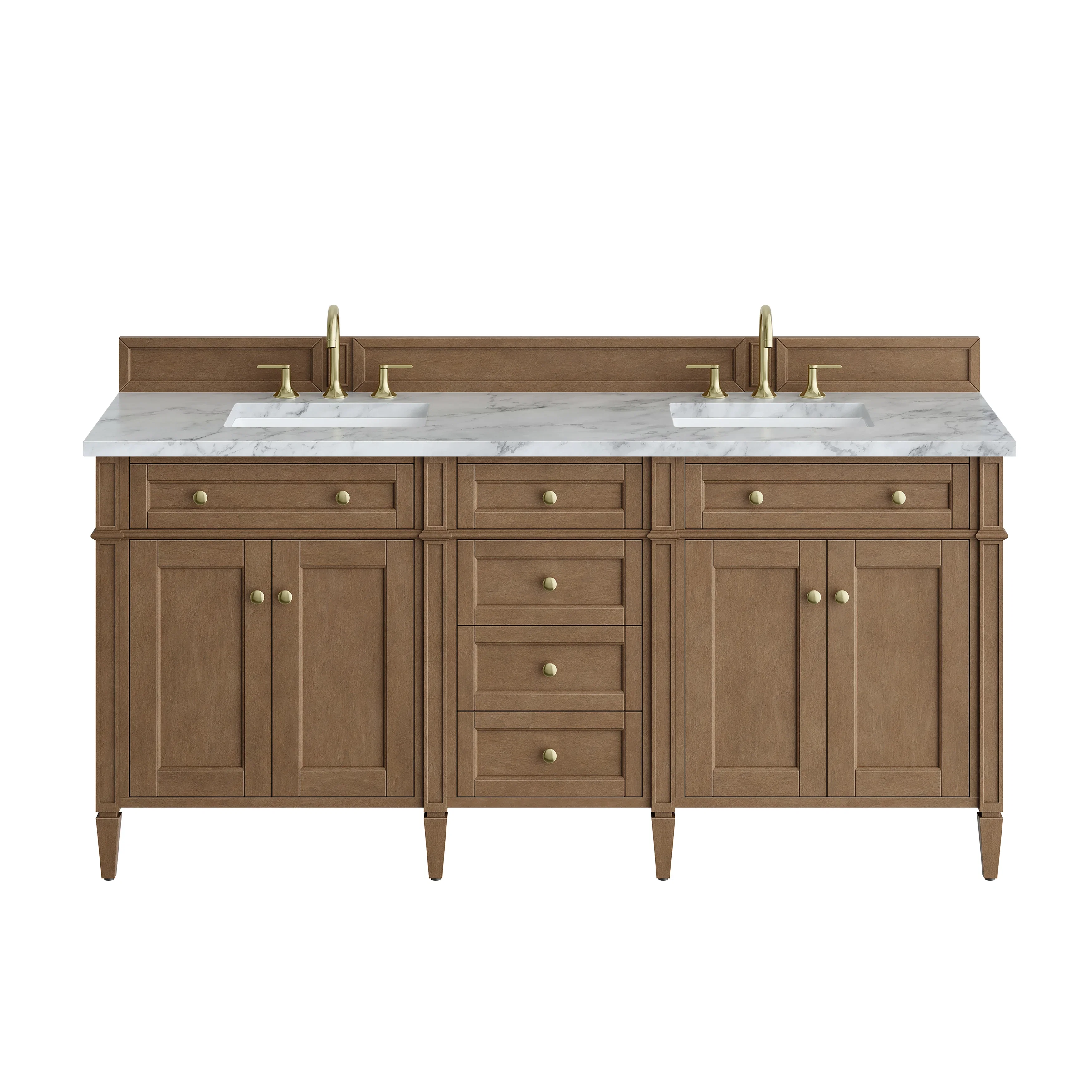 Brittany 72" Double Vanity, Pecan w/ 3 CM Carrara Marble Top