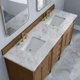 Brittany 72" Double Vanity, Pecan w/ 3 CM Carrara Marble Top
