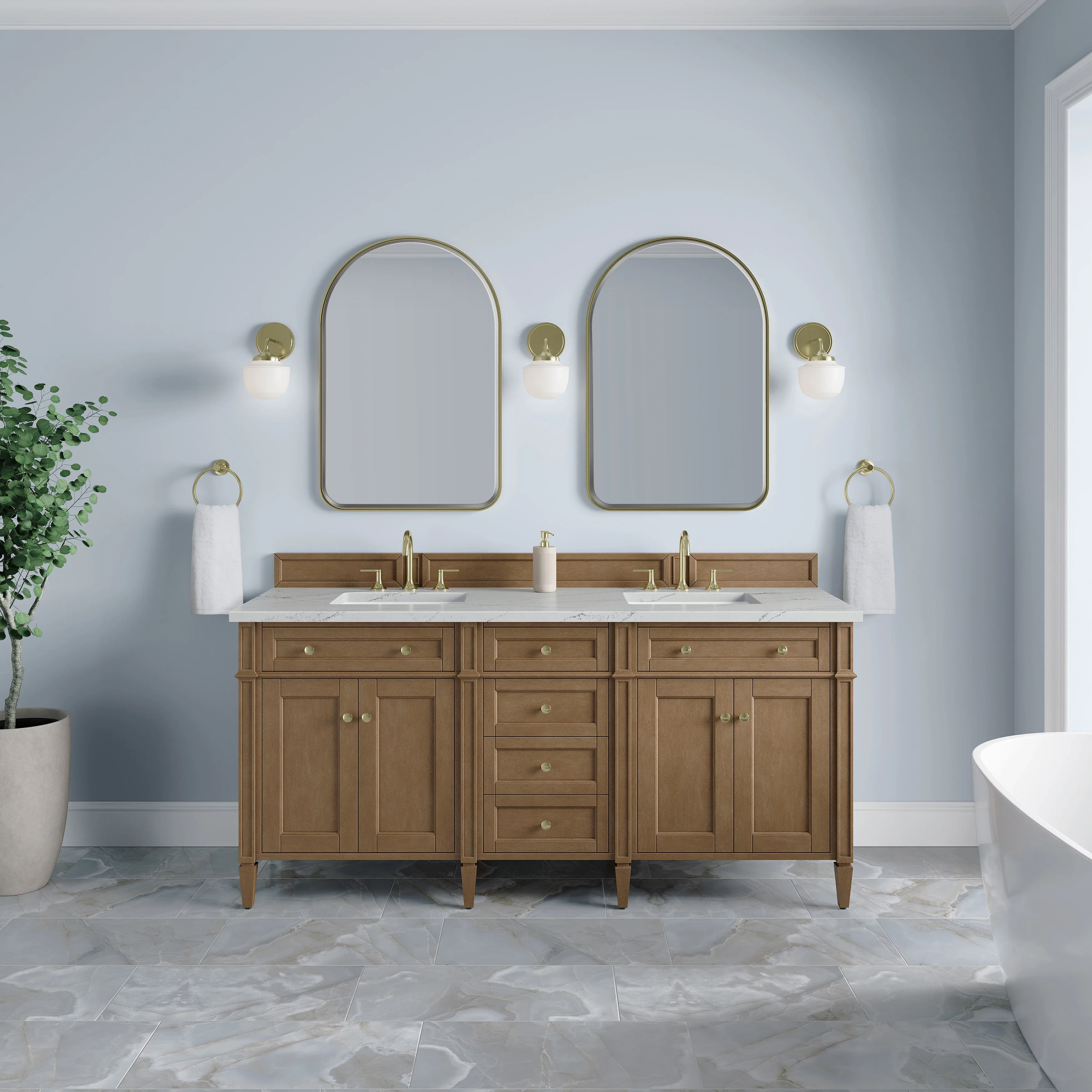 Brittany 72" Double Vanity, Pecan w/ 3 CM Ethereal Noctis Silestone Top