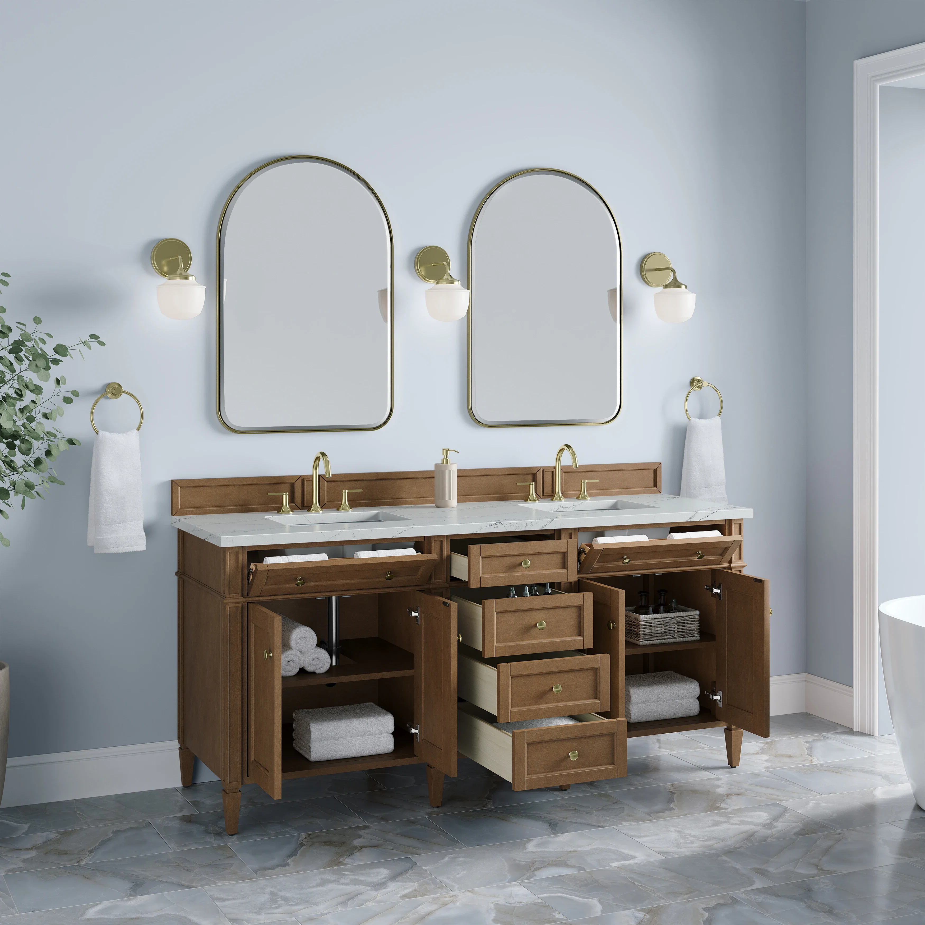 Brittany 72" Double Vanity, Pecan w/ 3 CM Ethereal Noctis Silestone Top
