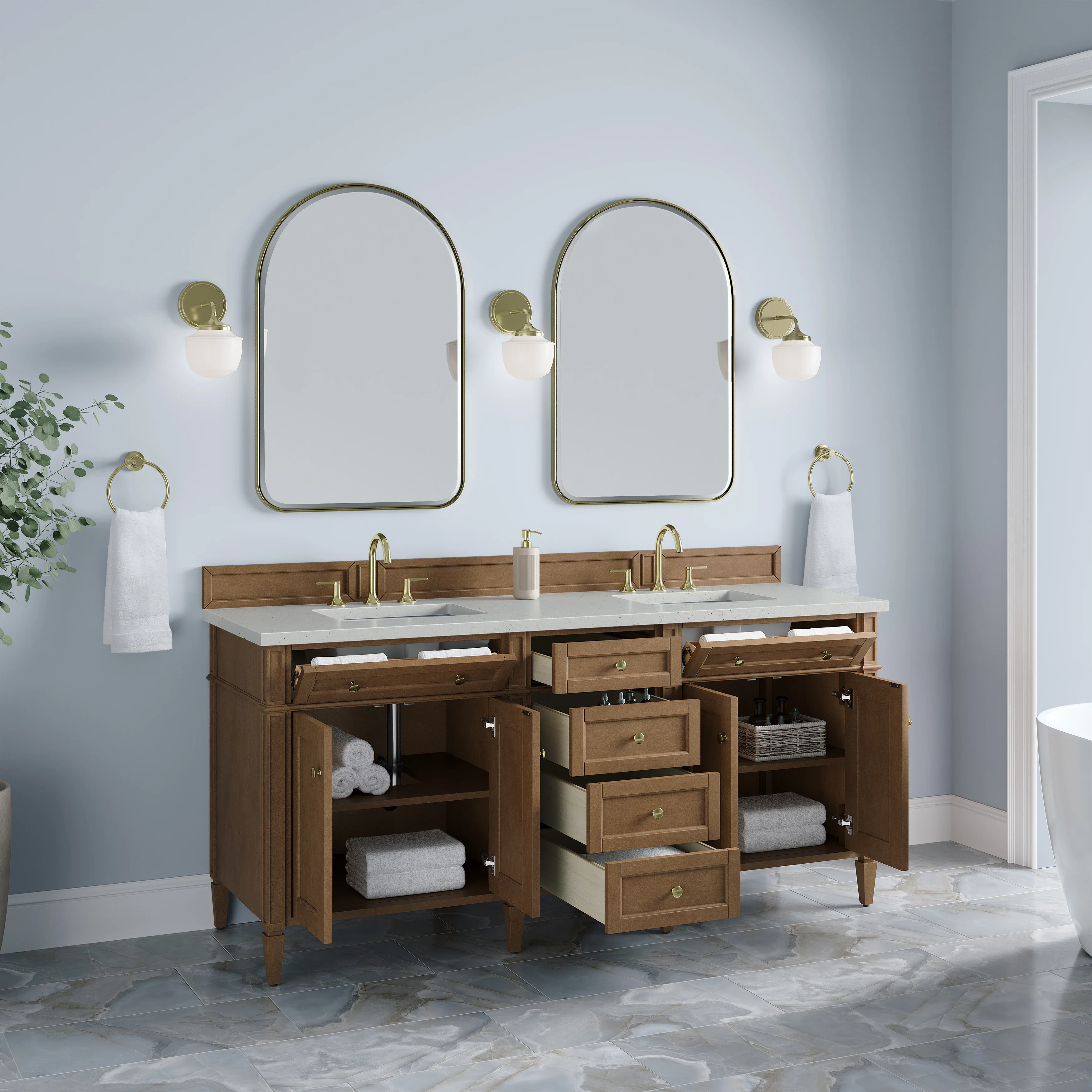 Brittany 72" Double Vanity, Pecan w/ 3 CM Lime Delight Silestone Top