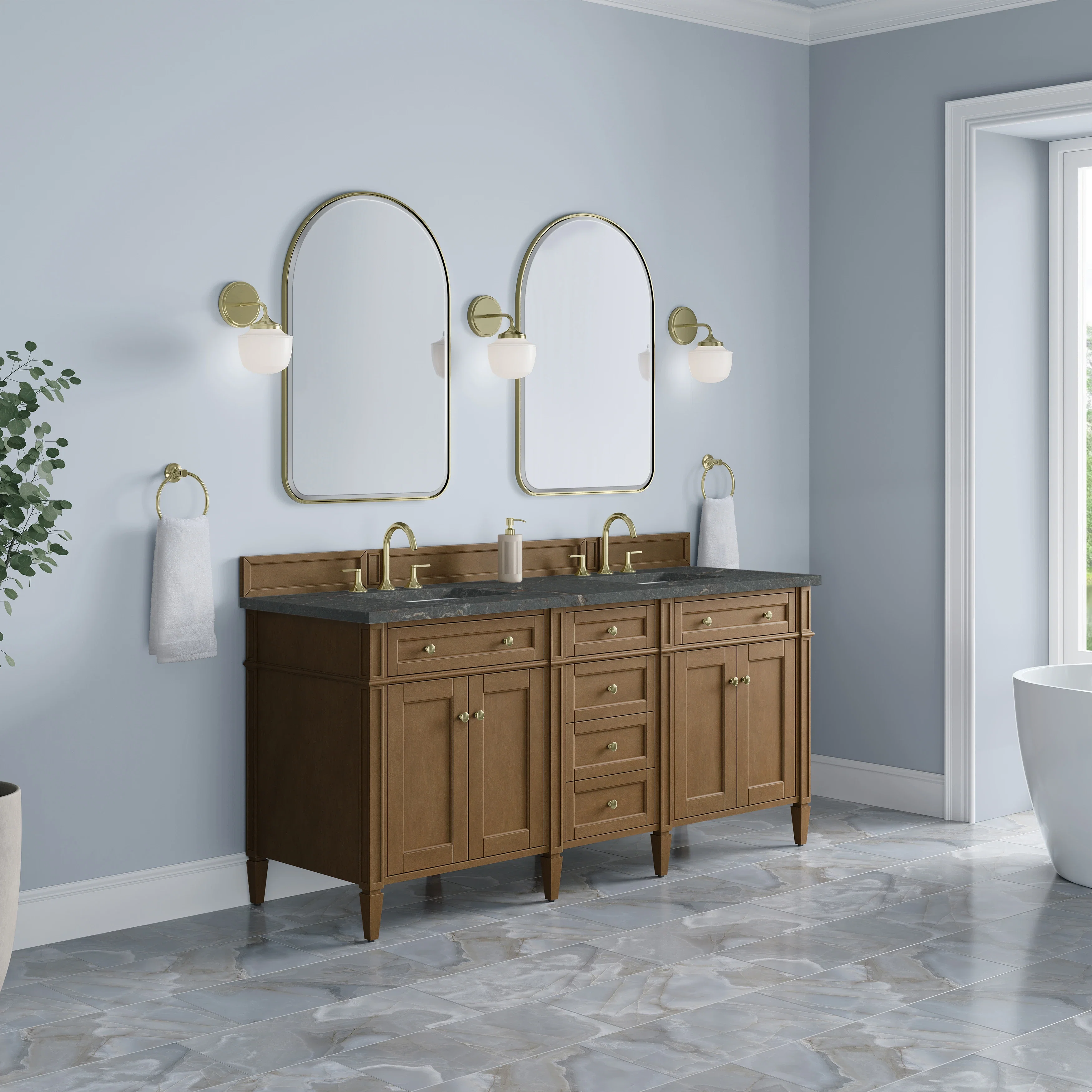 Brittany 72" Double Vanity, Pecan w/ 3 CM Parisien Bleu Silestone Top