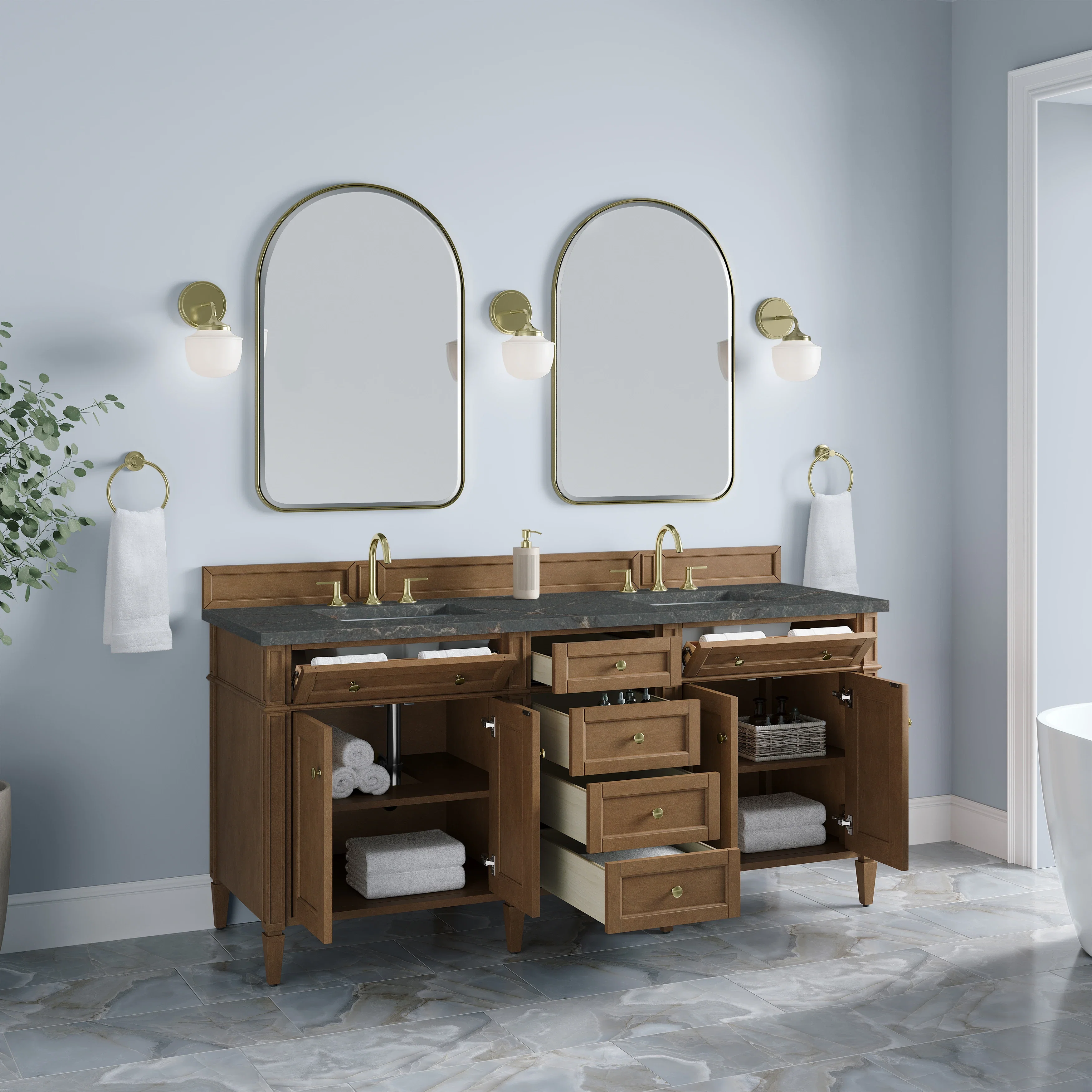 Brittany 72" Double Vanity, Pecan w/ 3 CM Parisien Bleu Silestone Top