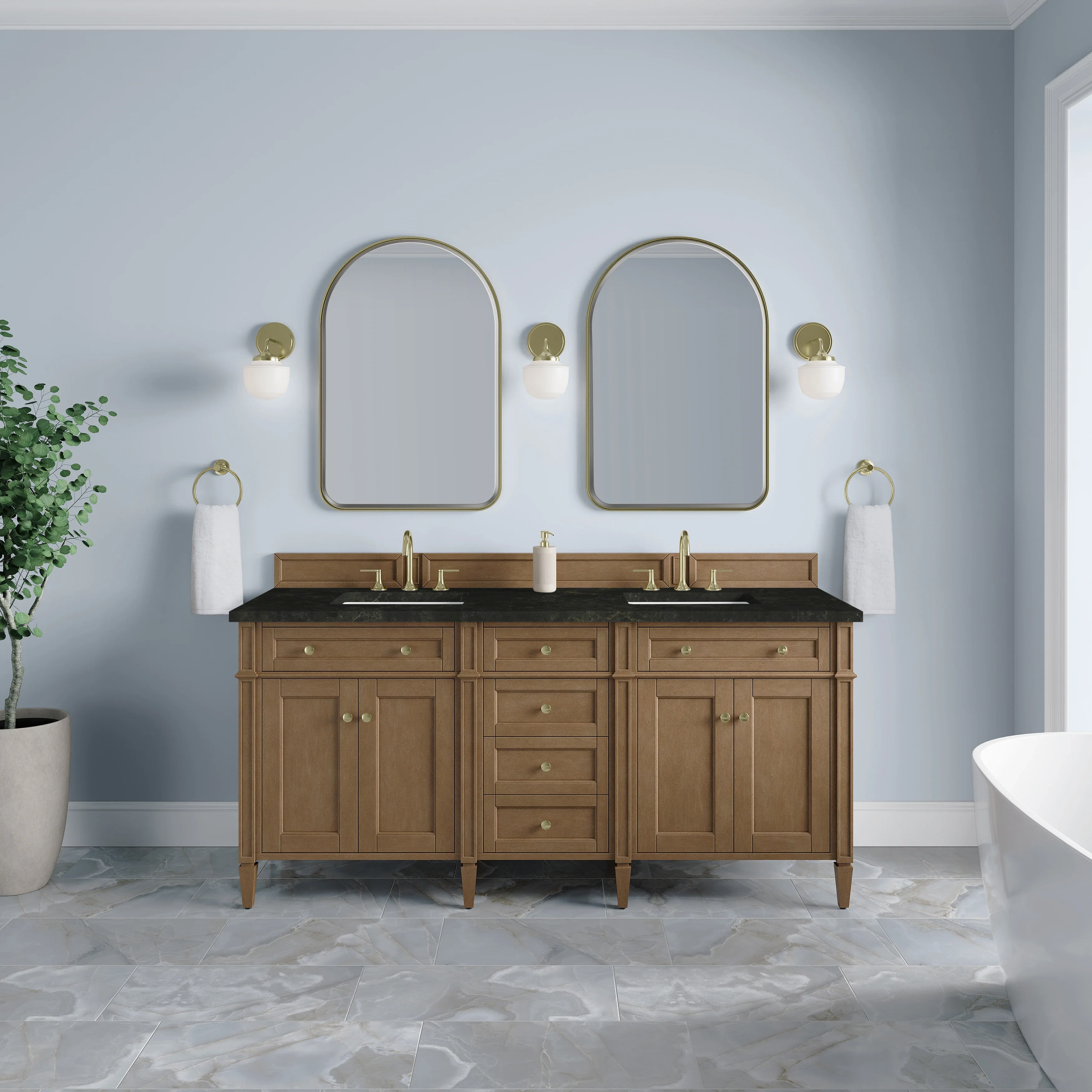 Brittany 72" Double Vanity, Pecan w/ 3 CM Phantome Eclos Top