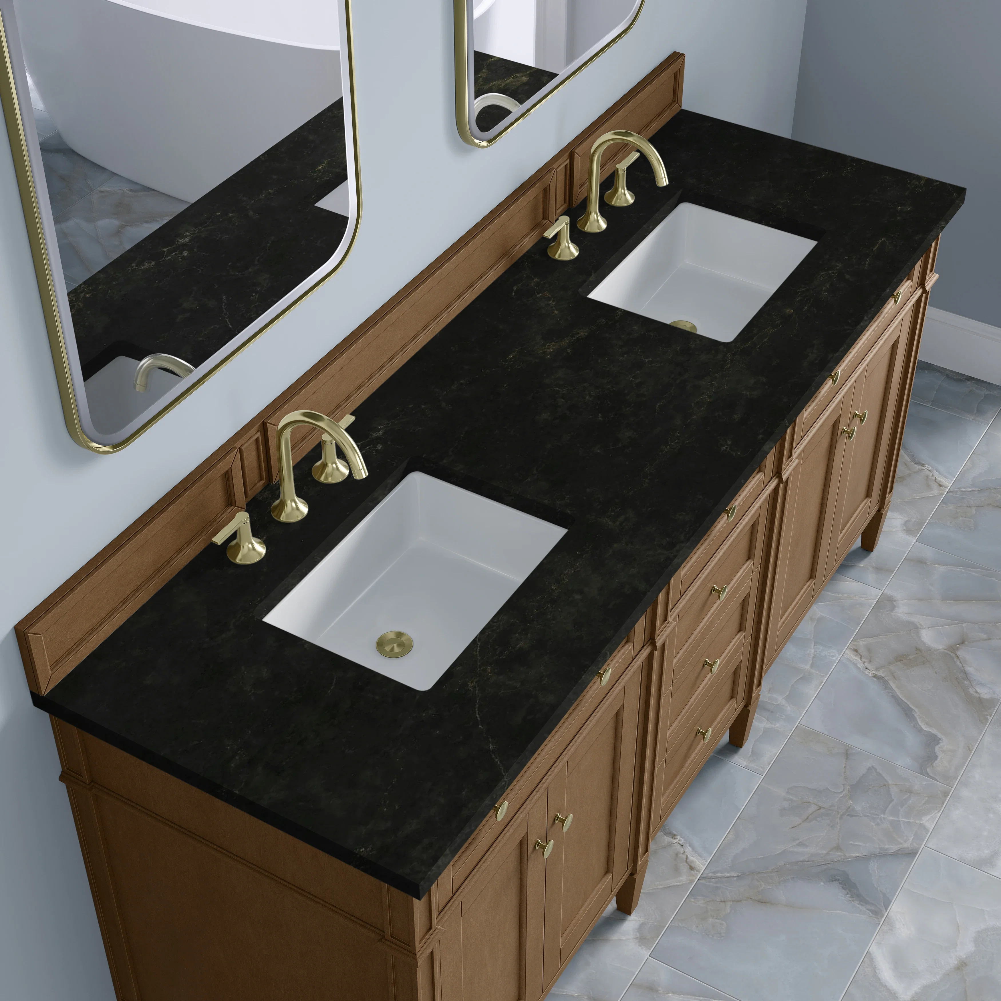 Brittany 72" Double Vanity, Pecan w/ 3 CM Phantome Eclos Top