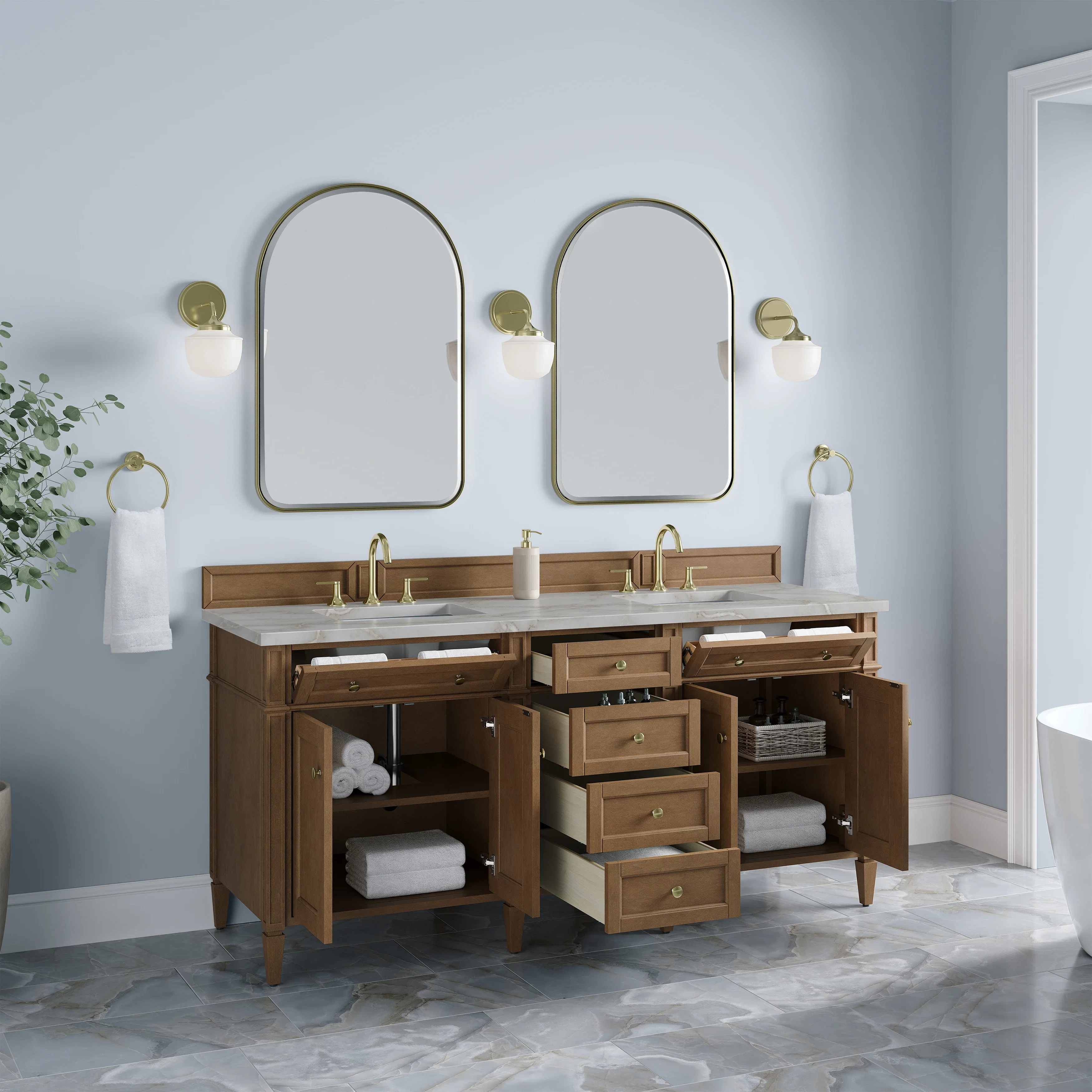 Brittany 72" Double Vanity, Pecan w/ 3 CM Victorian Silver Silestone Top