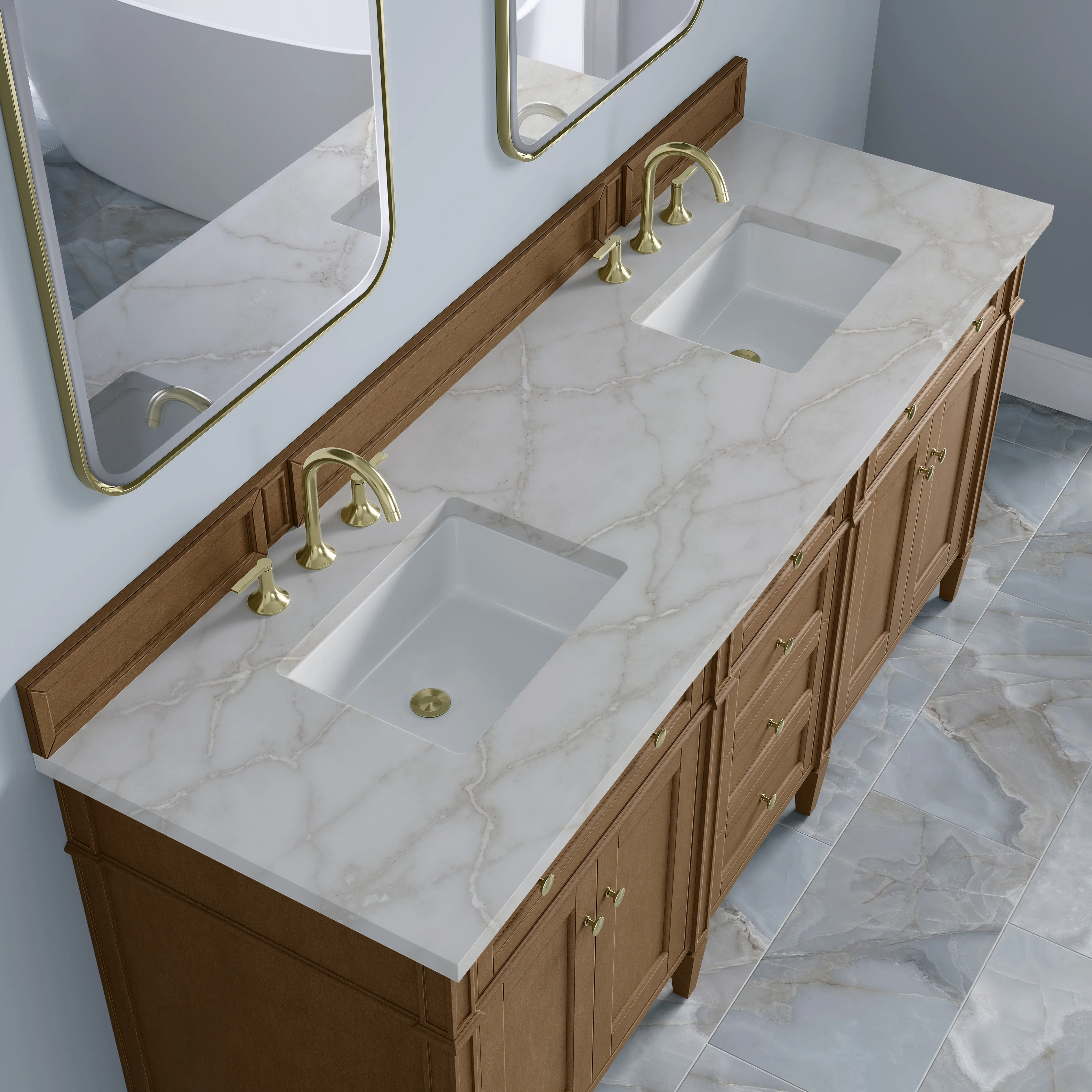Brittany 72" Double Vanity, Pecan w/ 3 CM Victorian Silver Silestone Top