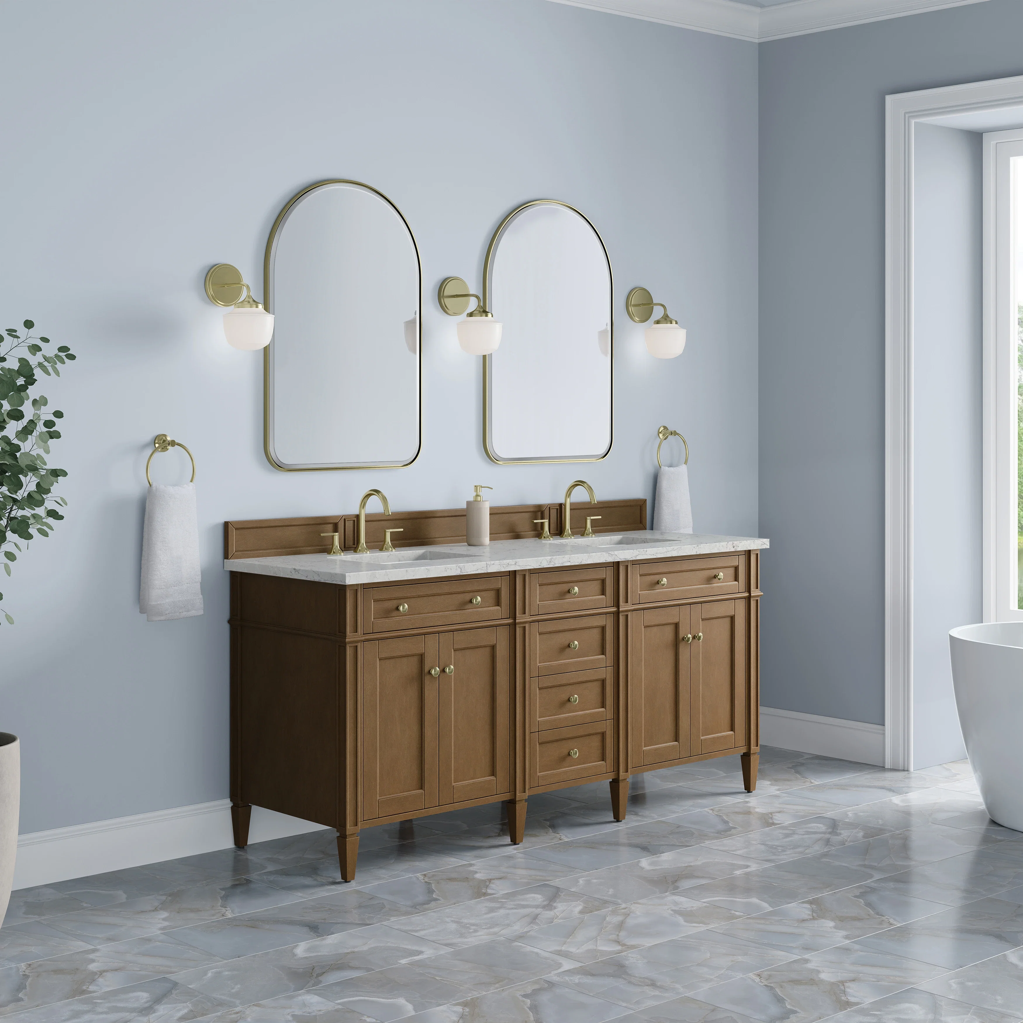 Brittany 72" Double Vanity, Pecan w/ 3 CM Eternal Jasmine Pearl Silestone Top w/FreePower Wireless Charger