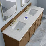 Brittany 72" Double Vanity, Pecan w/ 3 CM Eternal Jasmine Pearl Silestone Top w/FreePower Wireless Charger