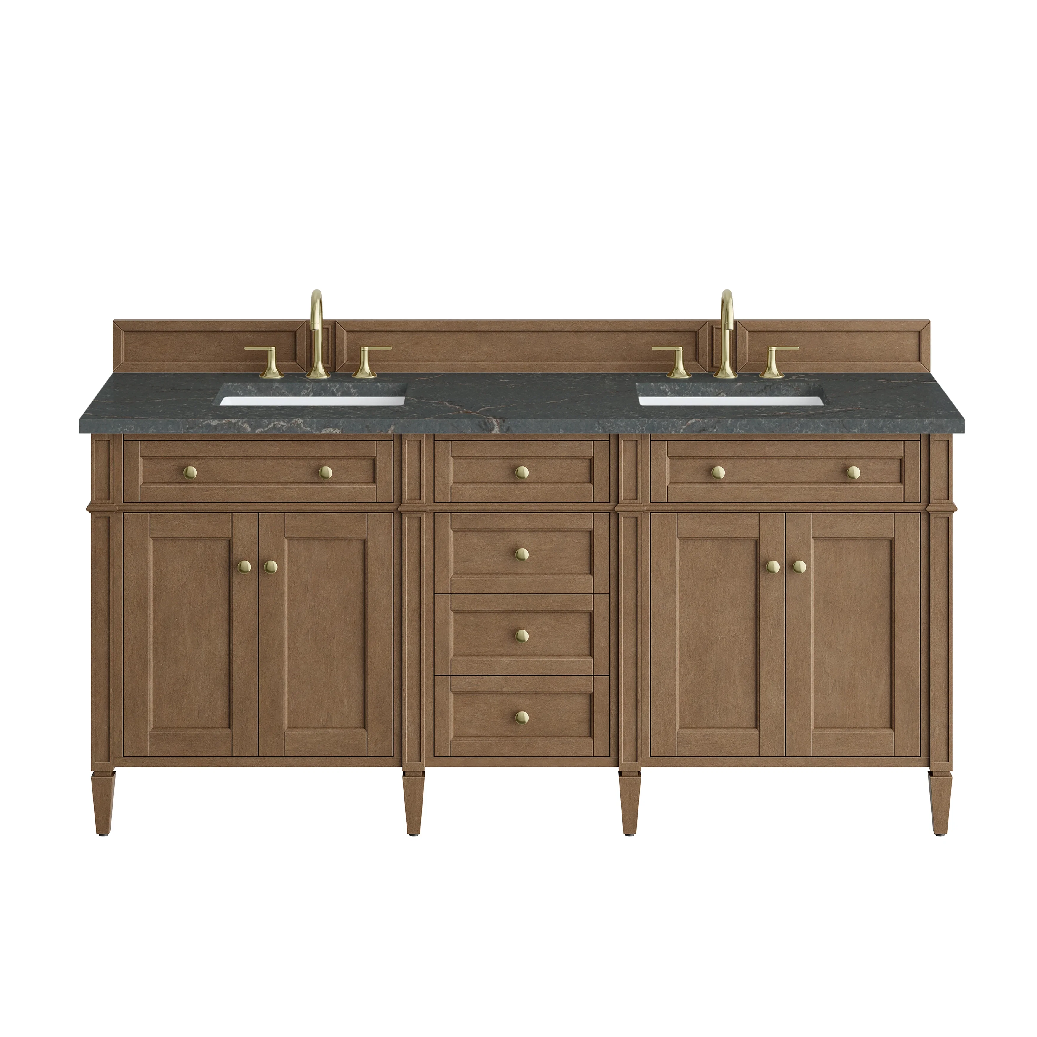 Brittany 72" Double Vanity, Pecan w/ 3 CM Parisien Bleu Silestone Top w/FreePower Wireless Charger
