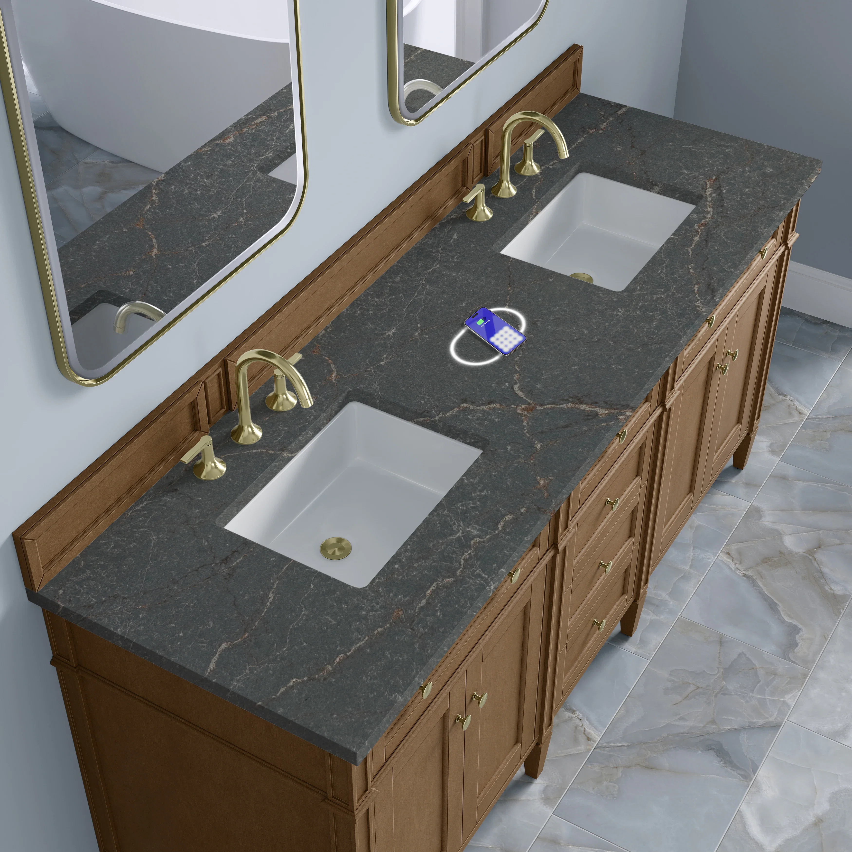 Brittany 72" Double Vanity, Pecan w/ 3 CM Parisien Bleu Silestone Top w/FreePower Wireless Charger