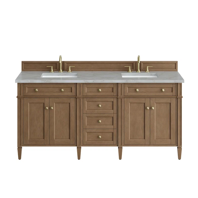Brittany 72" Double Vanity, Pecan w/ 3 CM Victorian Silver Silestone Top w/FreePower Wireless Charger