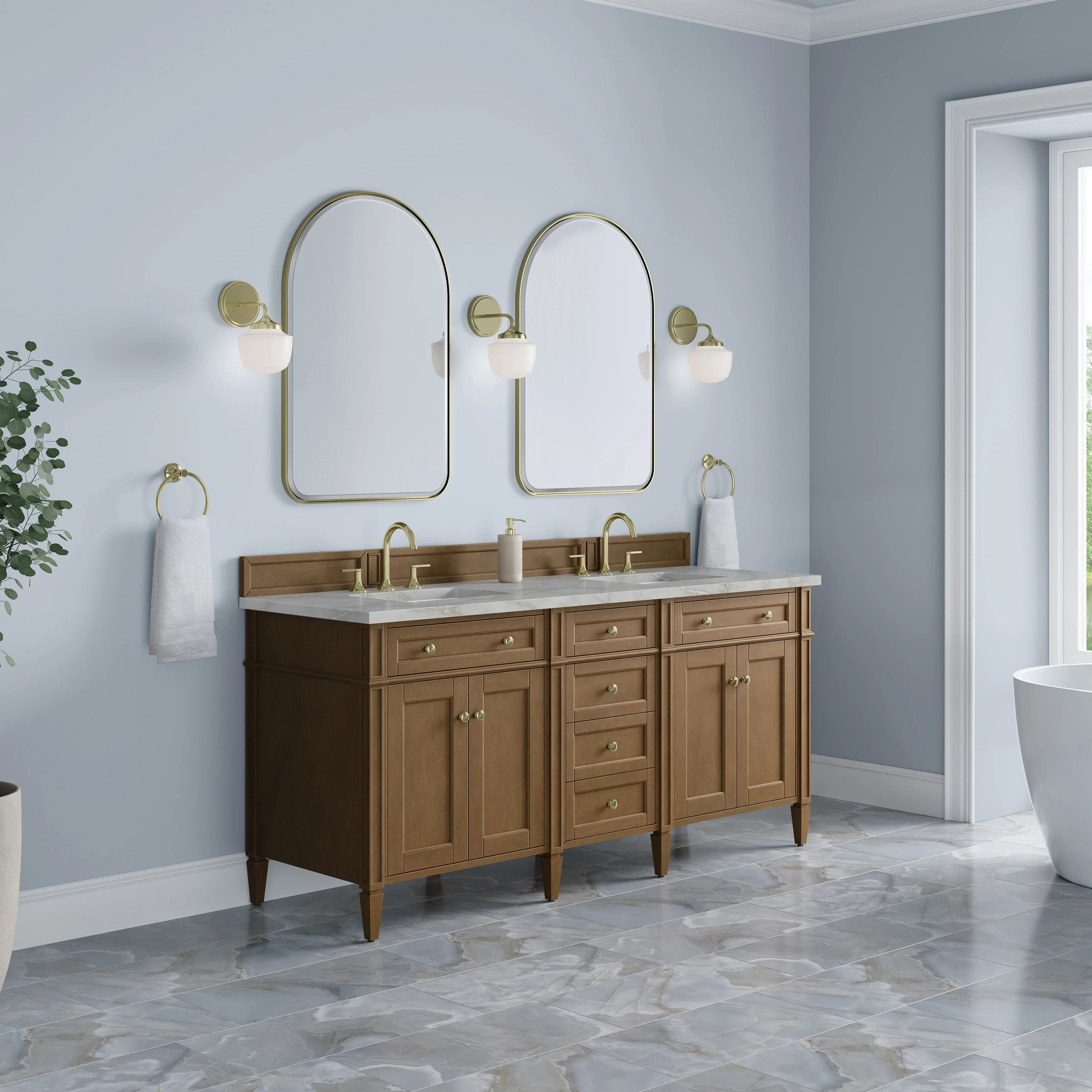 Brittany 72" Double Vanity, Pecan w/ 3 CM Victorian Silver Silestone Top w/FreePower Wireless Charger