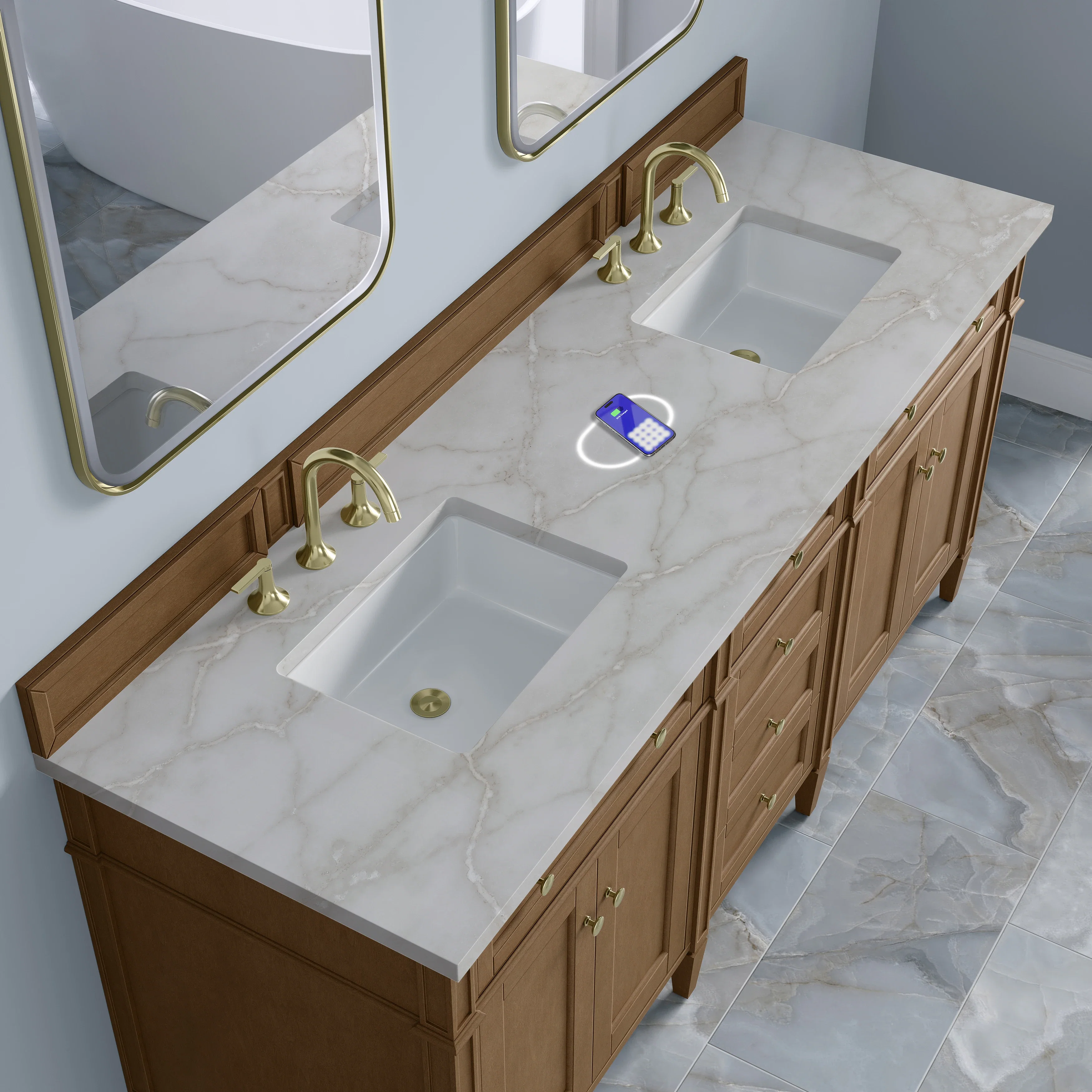 Brittany 72" Double Vanity, Pecan w/ 3 CM Victorian Silver Silestone Top w/FreePower Wireless Charger