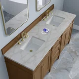 Brittany 72" Double Vanity, Pecan w/ 3 CM Victorian Silver Silestone Top w/FreePower Wireless Charger