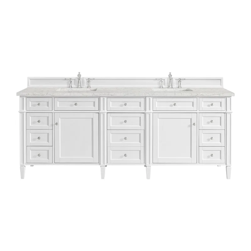 Brittany 84" Double Vanity, Bright White w/ 3 CM Eternal Jasmine Pearl Top