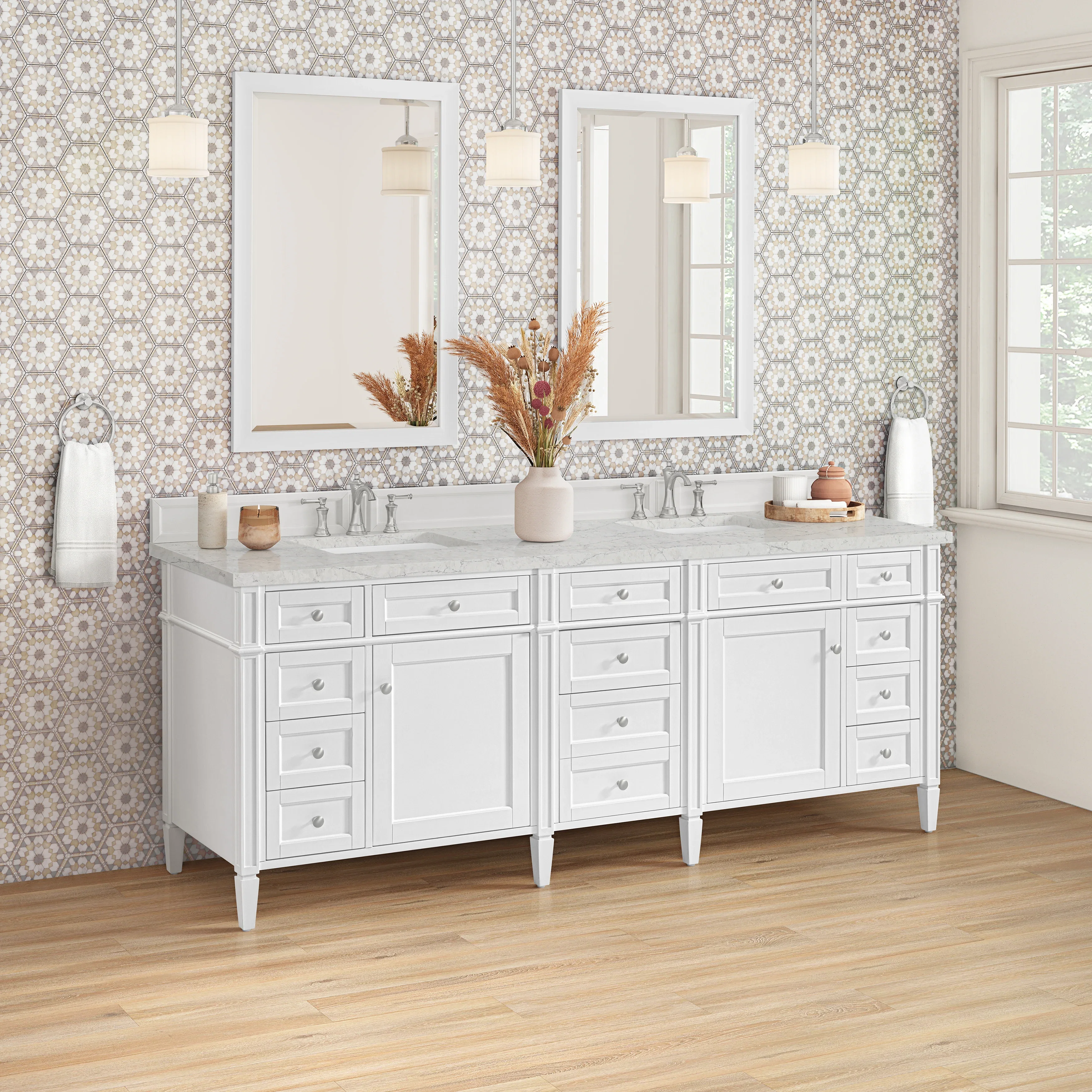 Brittany 84" Double Vanity, Bright White w/ 3 CM Eternal Jasmine Pearl Top