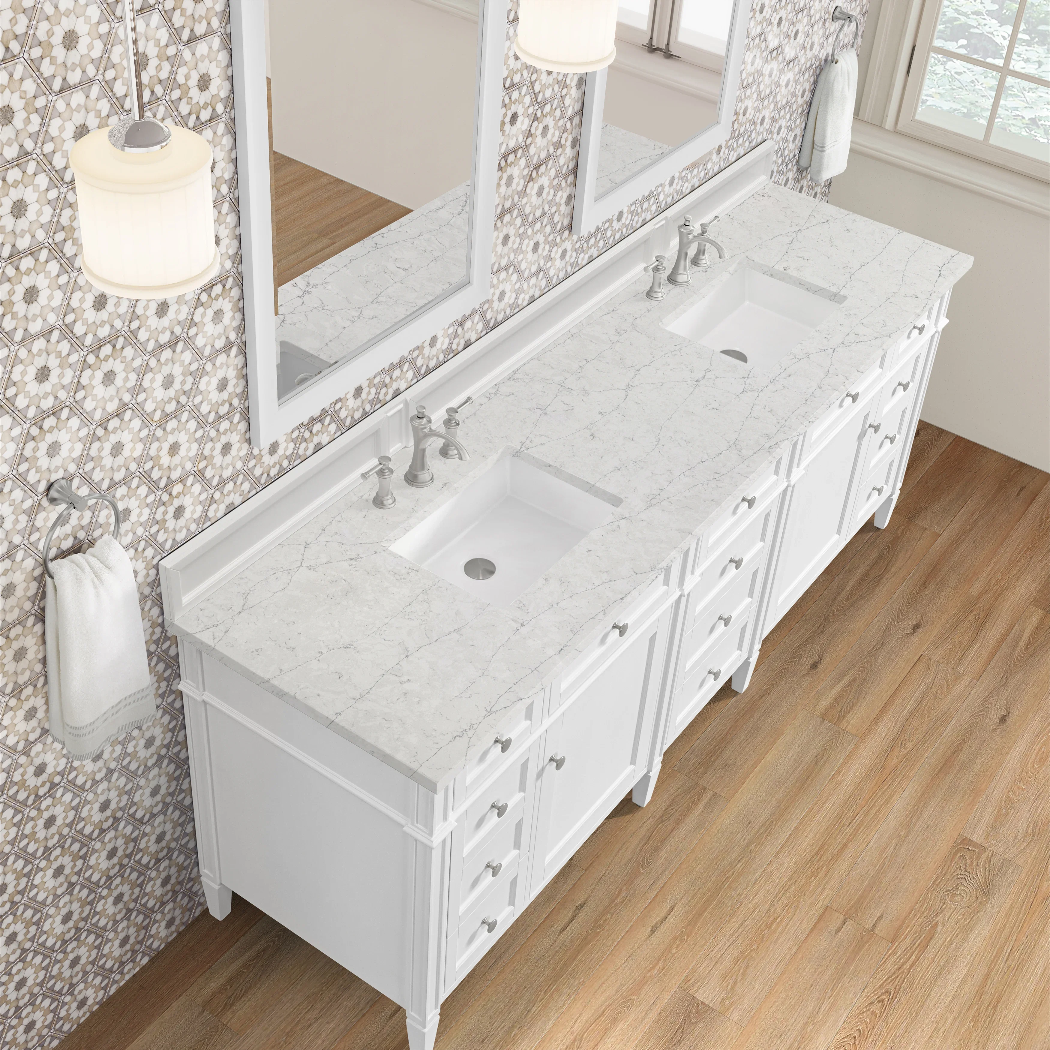 Brittany 84" Double Vanity, Bright White w/ 3 CM Eternal Jasmine Pearl Top