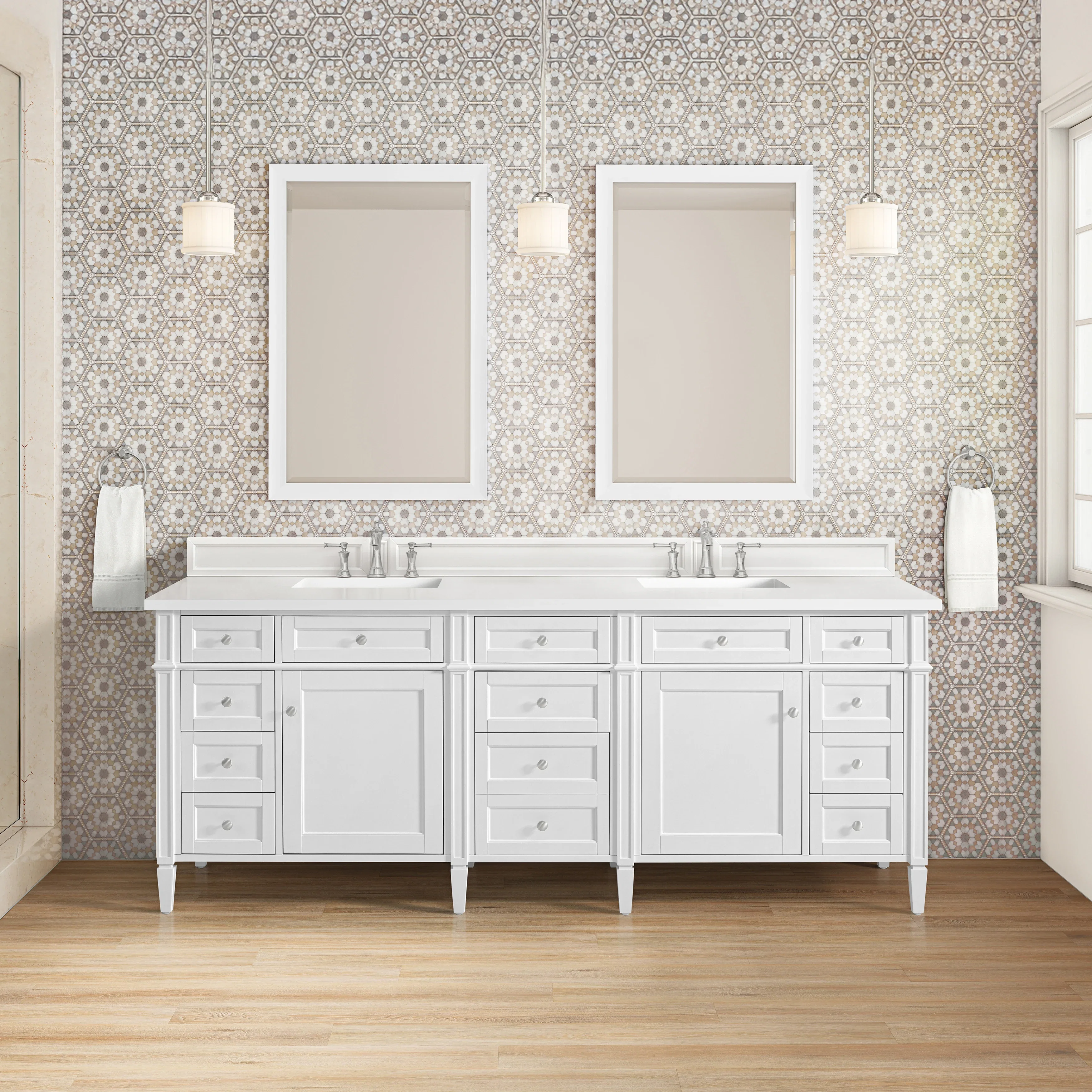 Brittany 84" Double Vanity, Bright White w/ 3 CM White Zeus Top