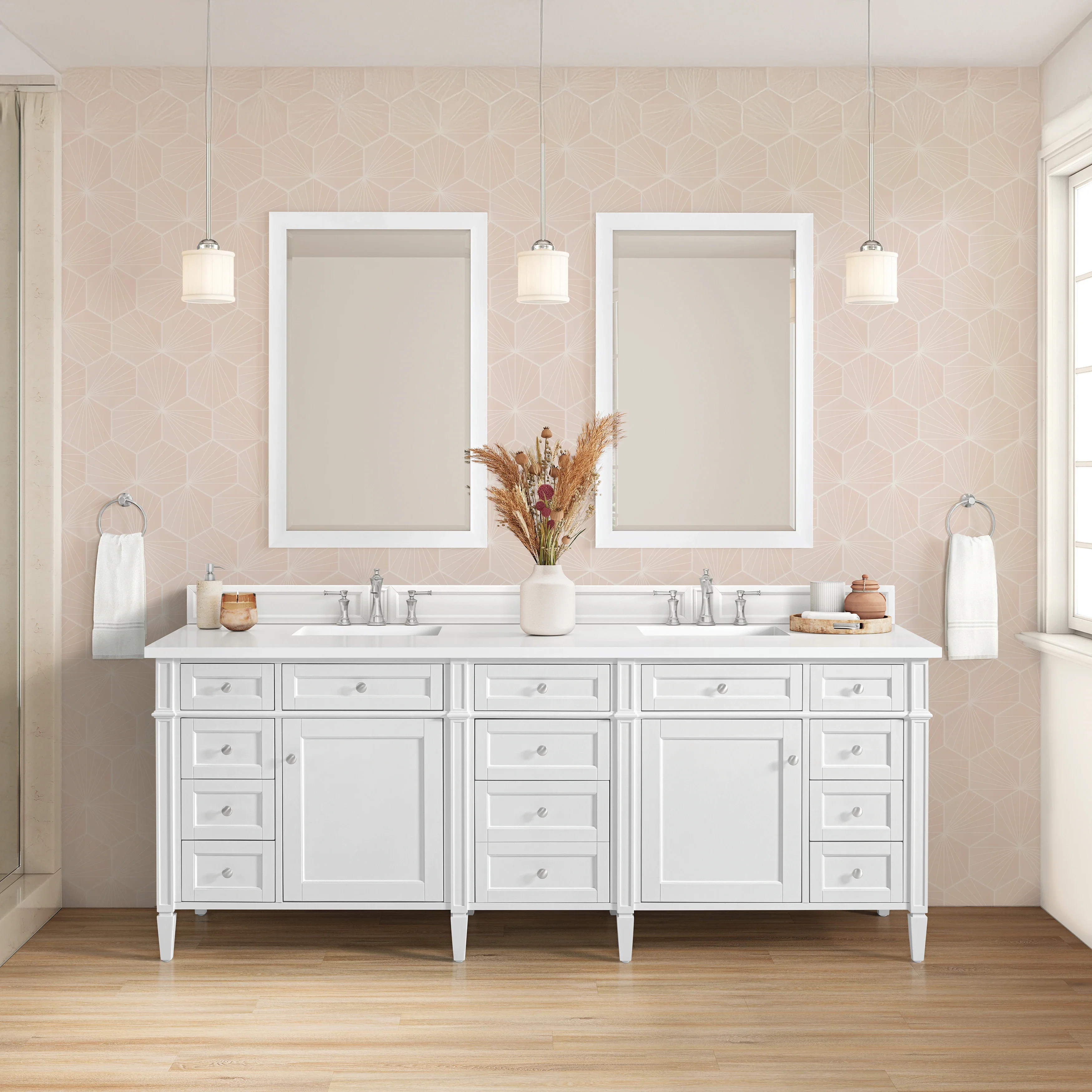 Brittany 84" Double Vanity, Bright White w/ 3 CM White Zeus Top