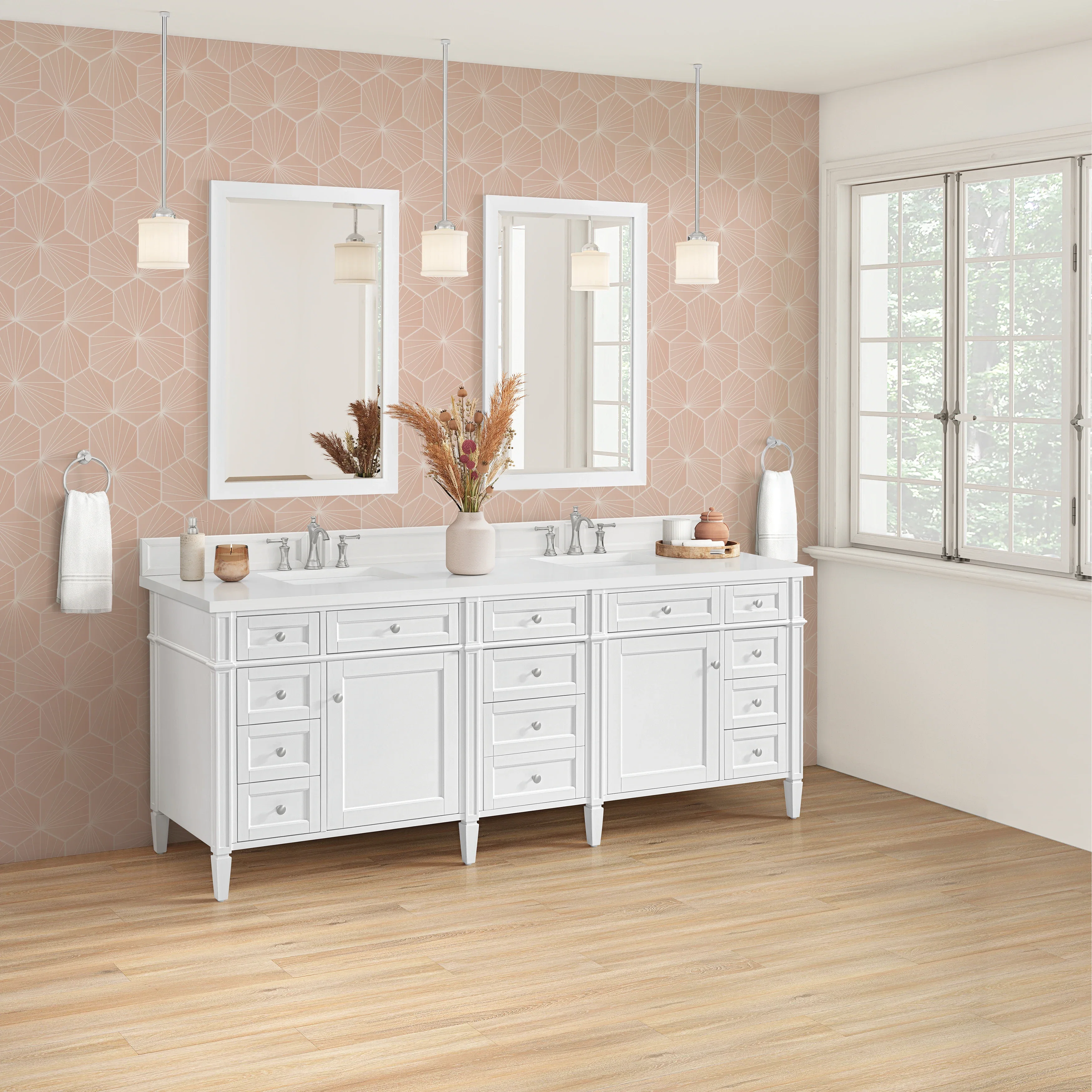 Brittany 84" Double Vanity, Bright White w/ 3 CM White Zeus Top